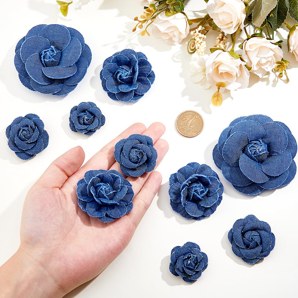 SUPERFINDINGS 16Pcs 4 Styles Marine Blue Denim Cloth Flowers Fabric Camelia Canvas Fabric Flower Flower Shaped Sewn Accessories for Clothes Decoration Jacket Skirt Coat Trim Brooch Crafts DIY
