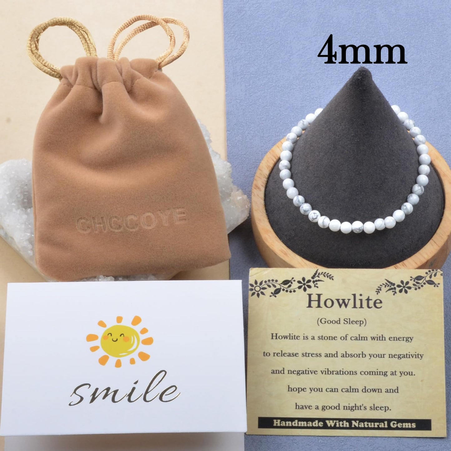 CHCCOYE 4mm Handmade Adjustable Natural Gemstone Crystal Bracelet Healing Power Energy Inspirational Gifts with Card for Unisex (Howlite)