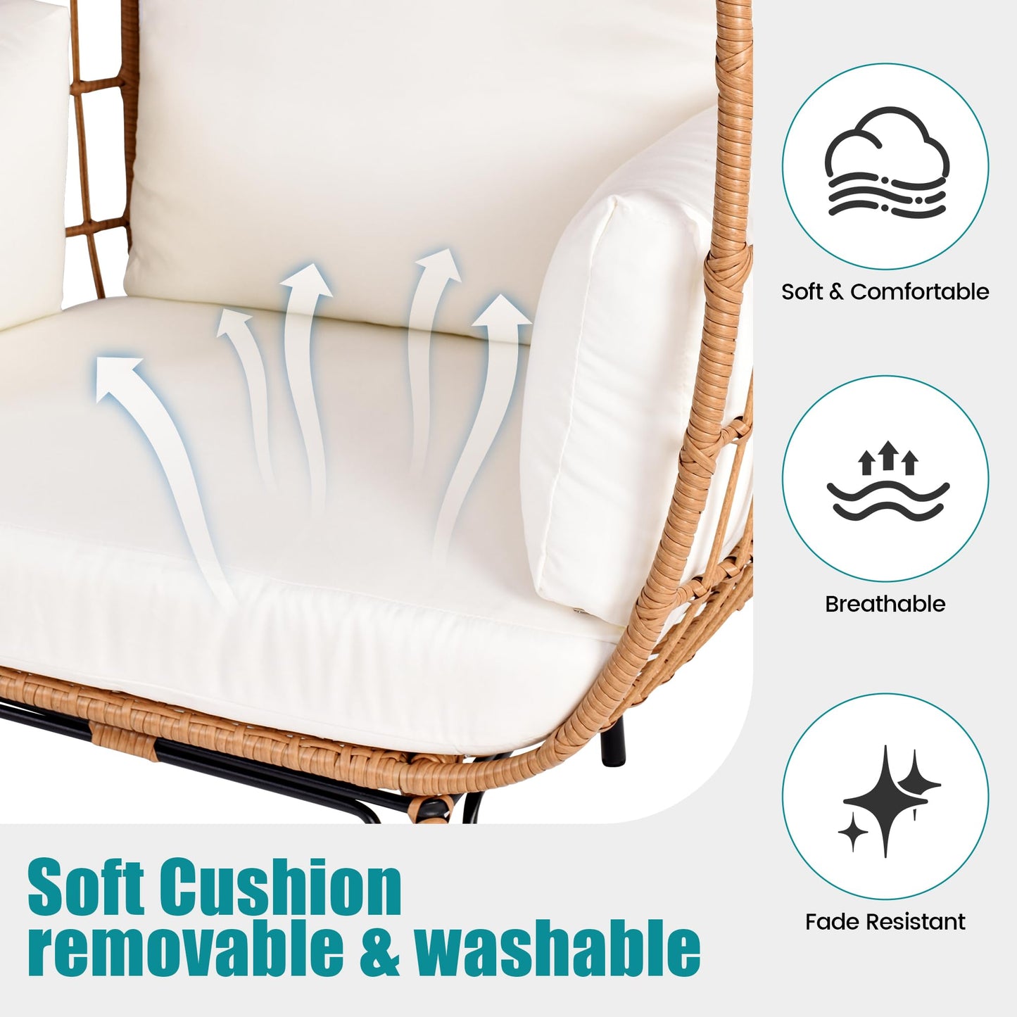 OTSUN Outdoor Egg Chair, PE Wicker Chair with 4 Thicken Cushions, Patio Chairs 440 lbs Capacity, Oversized Balcony Chairs with Durable Steel Frame Perfect for Balcony, Backyard, Bedroom-Ivory