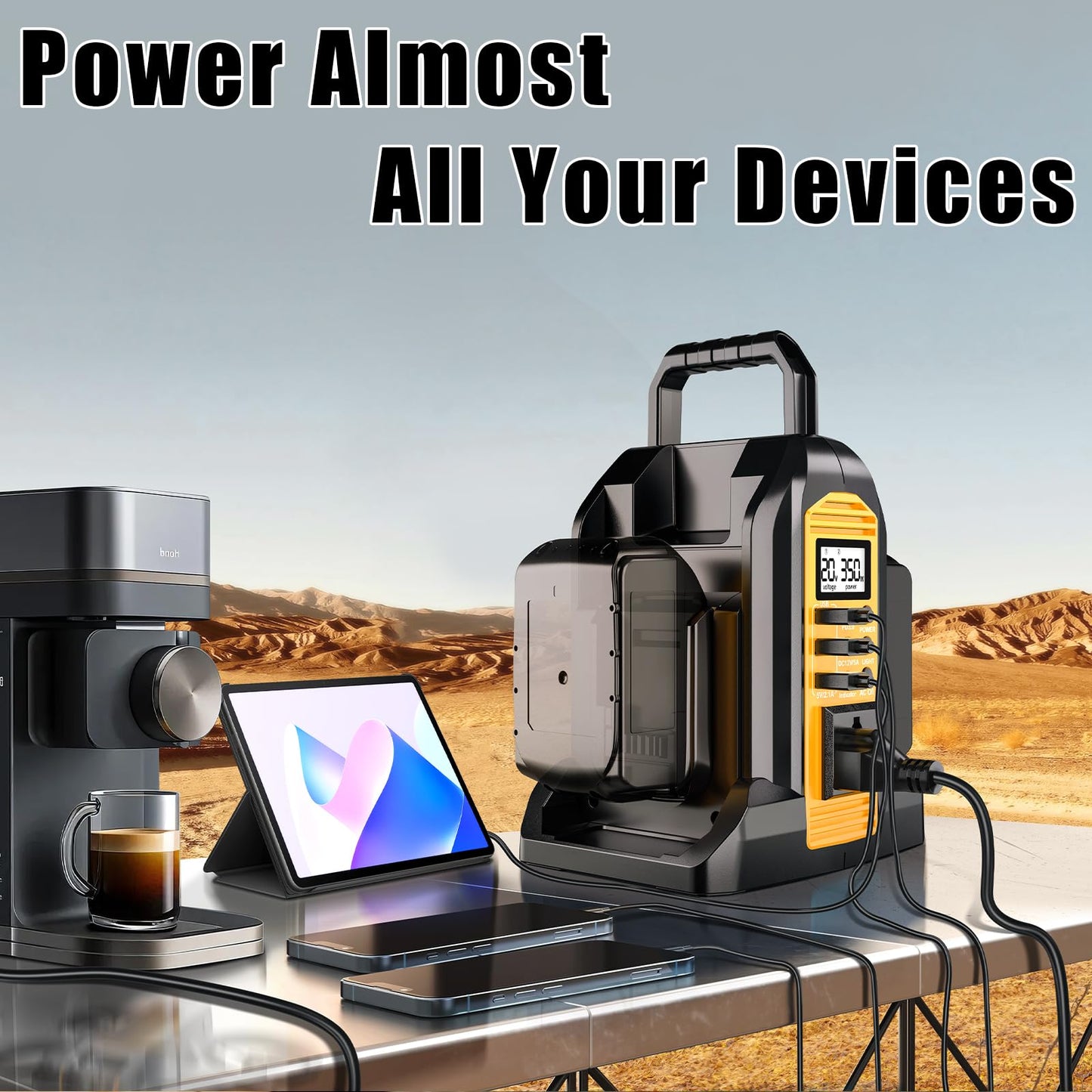 DTEZTECH 350W Power Inverter for Dewalt 20V/60V Batteries, Dual Battery DC 20V to AC 110-120V Pure Sine Wave with 3 USB Ports & LED Work Light, Portable Camping & Emergency Power Station (Tool Only)