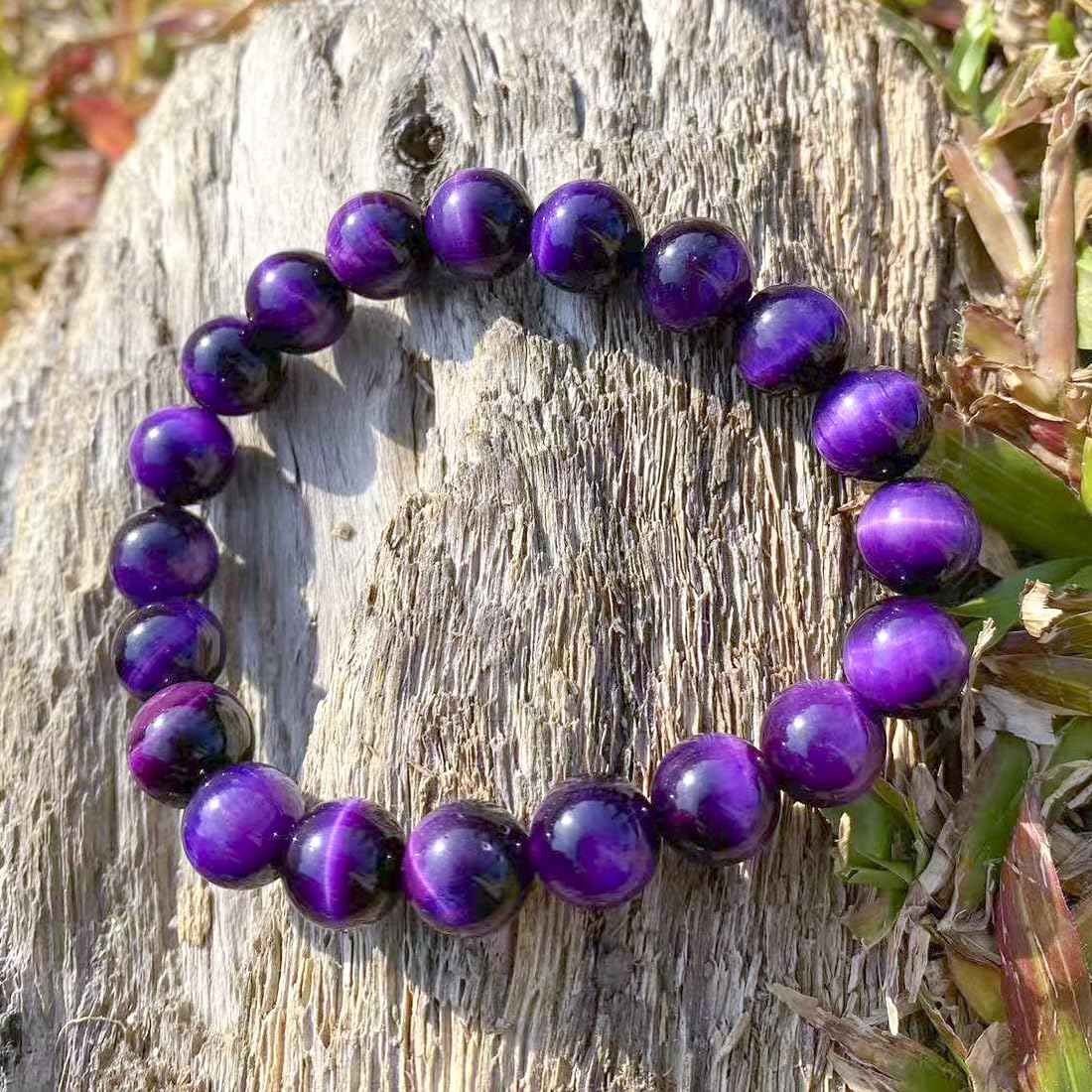 10mm Purple Tigers Eye Bracelet for Women Men | Natural Handmade Protection Amethyst Color Throat Chakra Gemstone Crystal Jewelry | Beading Tool Kit - Fits for 7-8" Large Wrist | Boost Motivation