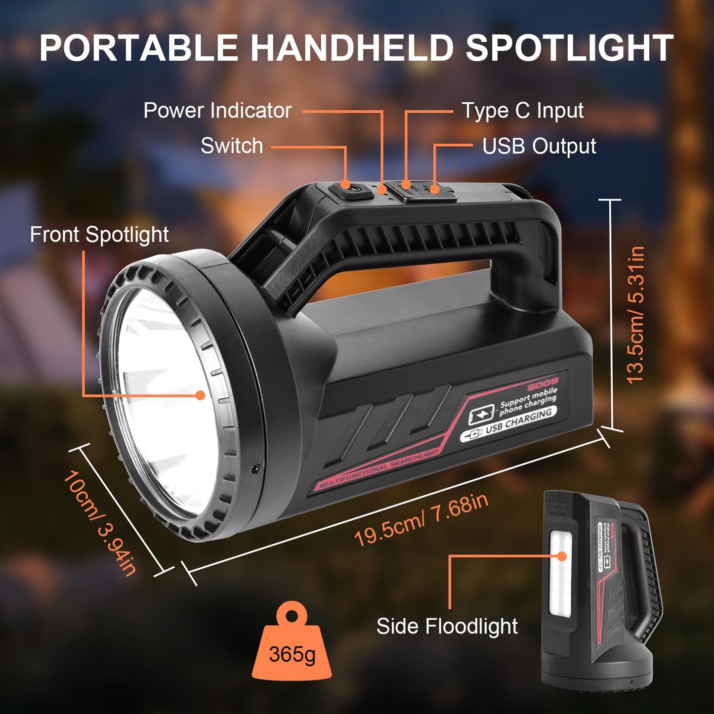 Rechargeable LED Spotlight Flashlight, Portable Camping Lantern 4800mAh, 7 Light Modes &Waterproof, Super Bright Handheld Spotlight for Hurricane Emergency, Outages, Camping, Hiking