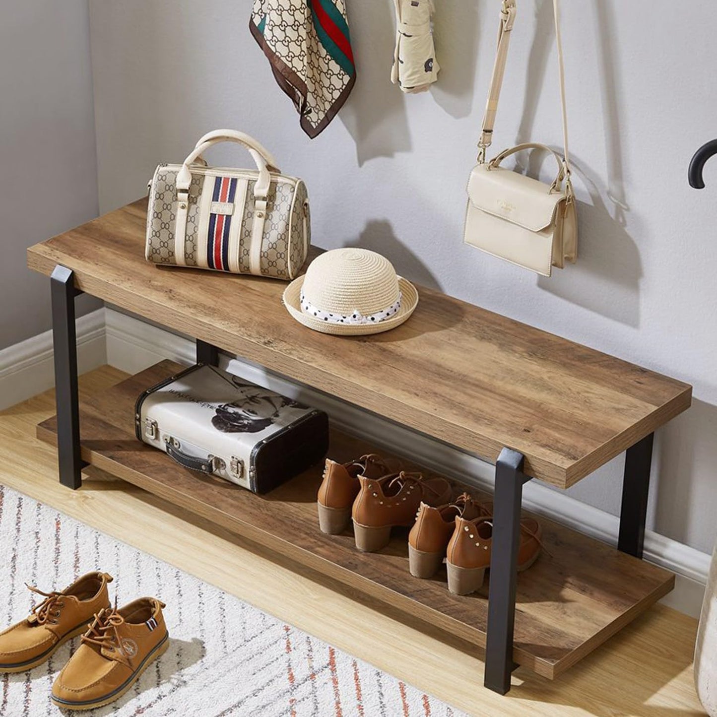 FOLUBAN Entryway Bench, Industrial Shoe Storage Bench for Bedroom Living Room, Modern Indoor Bench Seat for Hallway Front Door Entrance, Easy Assembly, Oak 47 inch