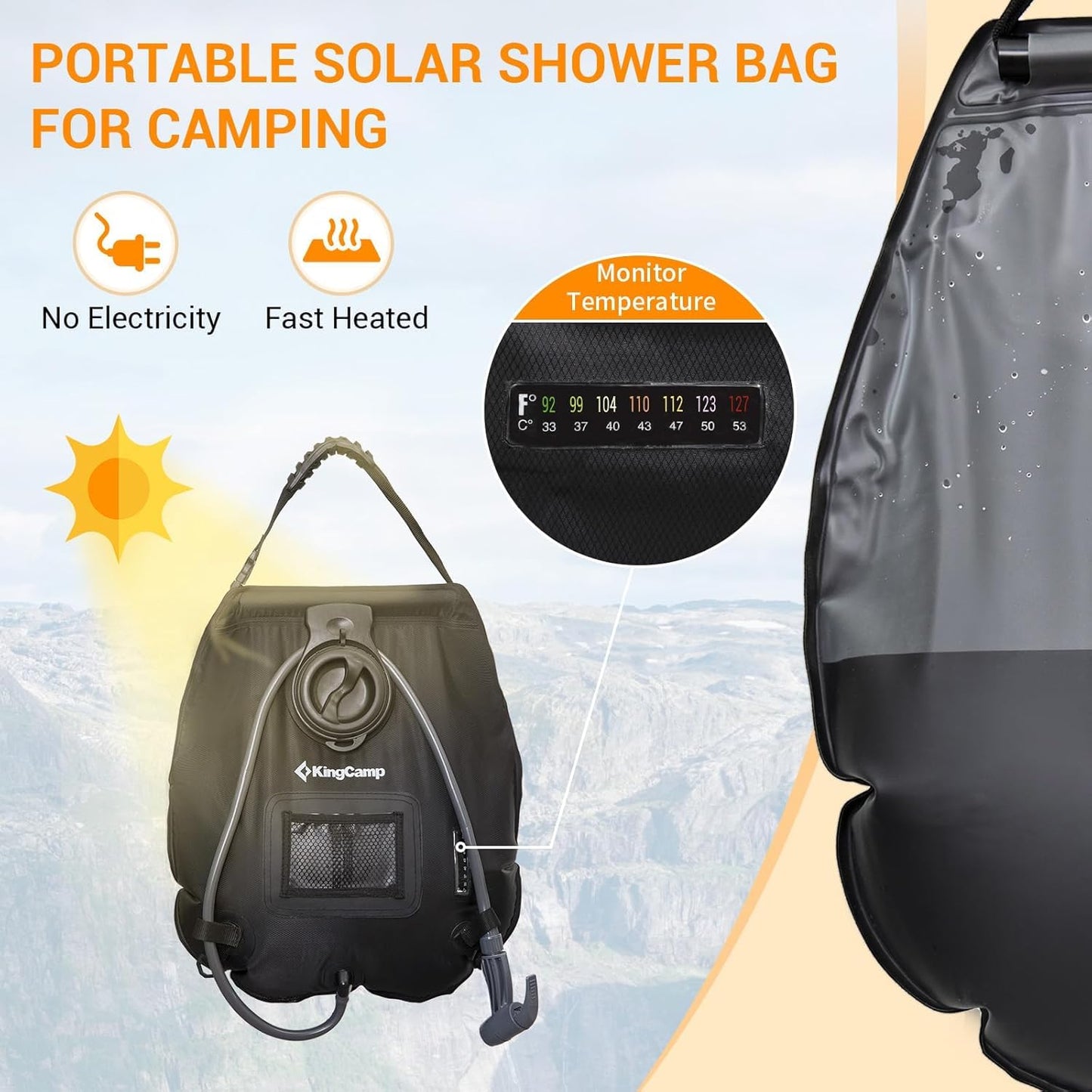 KingCamp Solar Shower Bag, Leak-Proof Design Camping Shower Bag with Thermometer, Removable Hose & Switchable Shower Head, 5 gallon/20L