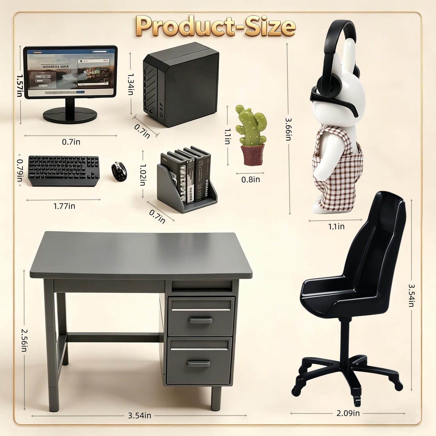 1:12 Scale Miniature Office Furniture Set for Dollhouse, Featuring a Desk, Chair,Flocked Rabbit, Computer, Bookshelves and Accessories, Suitable for Displaying Ideal Gifts