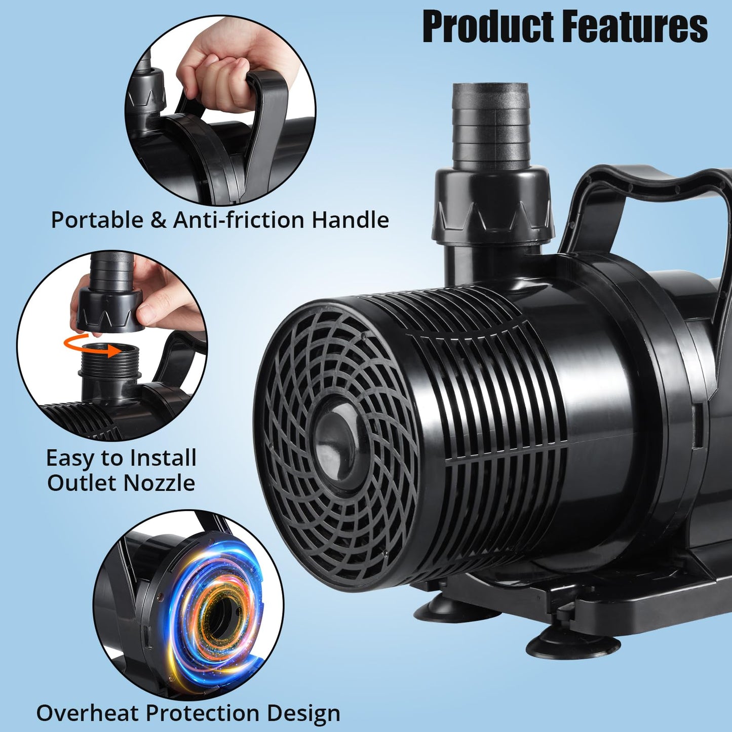 170W 4755 GPH Submersible Water Pump with Adapters, Water Pump 33 FT Lift High for Ponds, Fountains, Waterfalls and Water Circulation, Aquarium Pump Quiet Operation Vertical/Horizontal w/ 16 FT Cord
