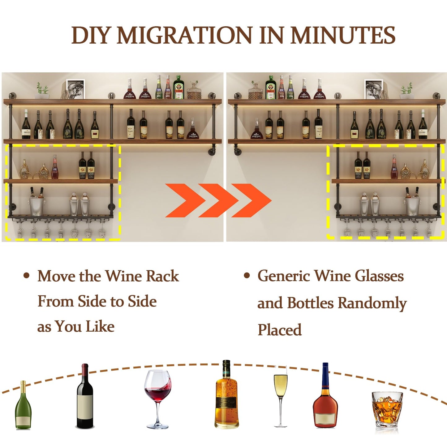 TAUODUYY 51.1in Large Wine Rack with LED Light, 4 Tiers Solid Wood Wall Mounted Wine Rack, Industrial Liquor Bottles Floating Shelves with Glass Holder for Home Bar/Dining Room (51.1in/130cm)