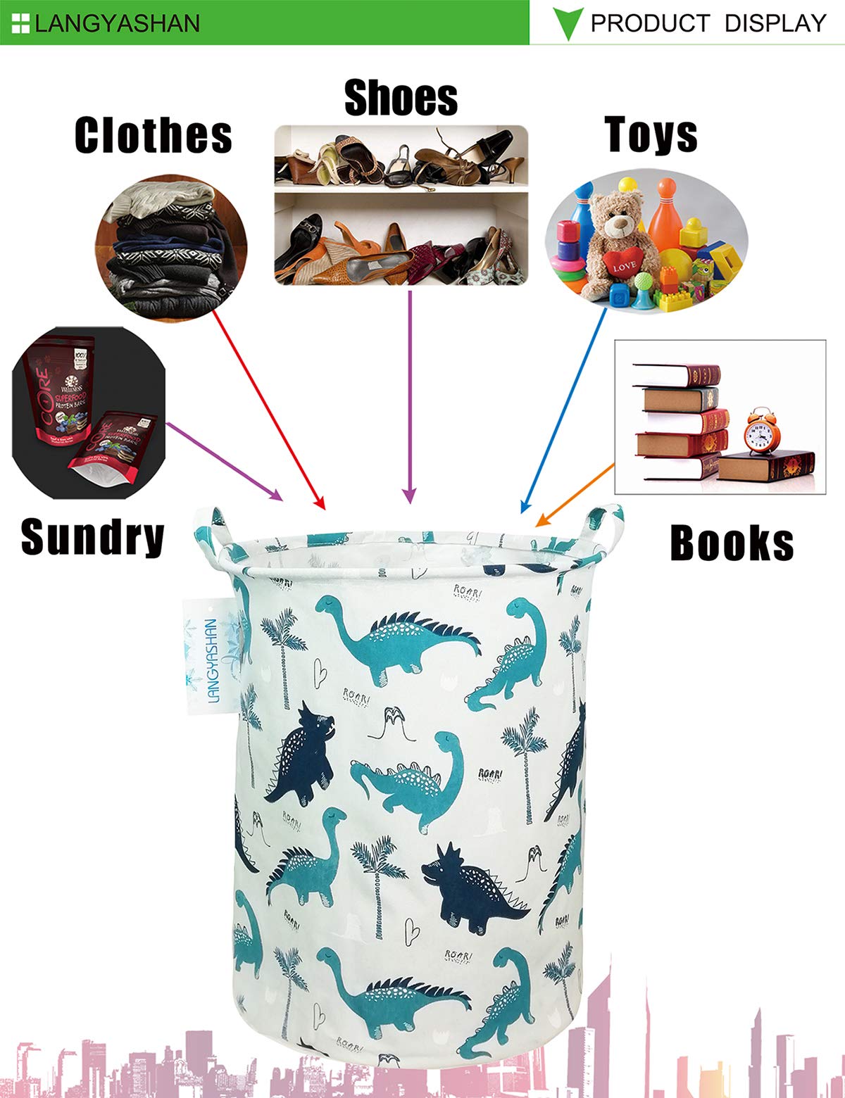 LANGYASHAN Laundry Basket Canvas Fabric Collapsible Organizer Basket for Storage Bin Toy Bins Gift Baskets Bedroom Clothes Children Nursery Hamper (Full dinosaur)