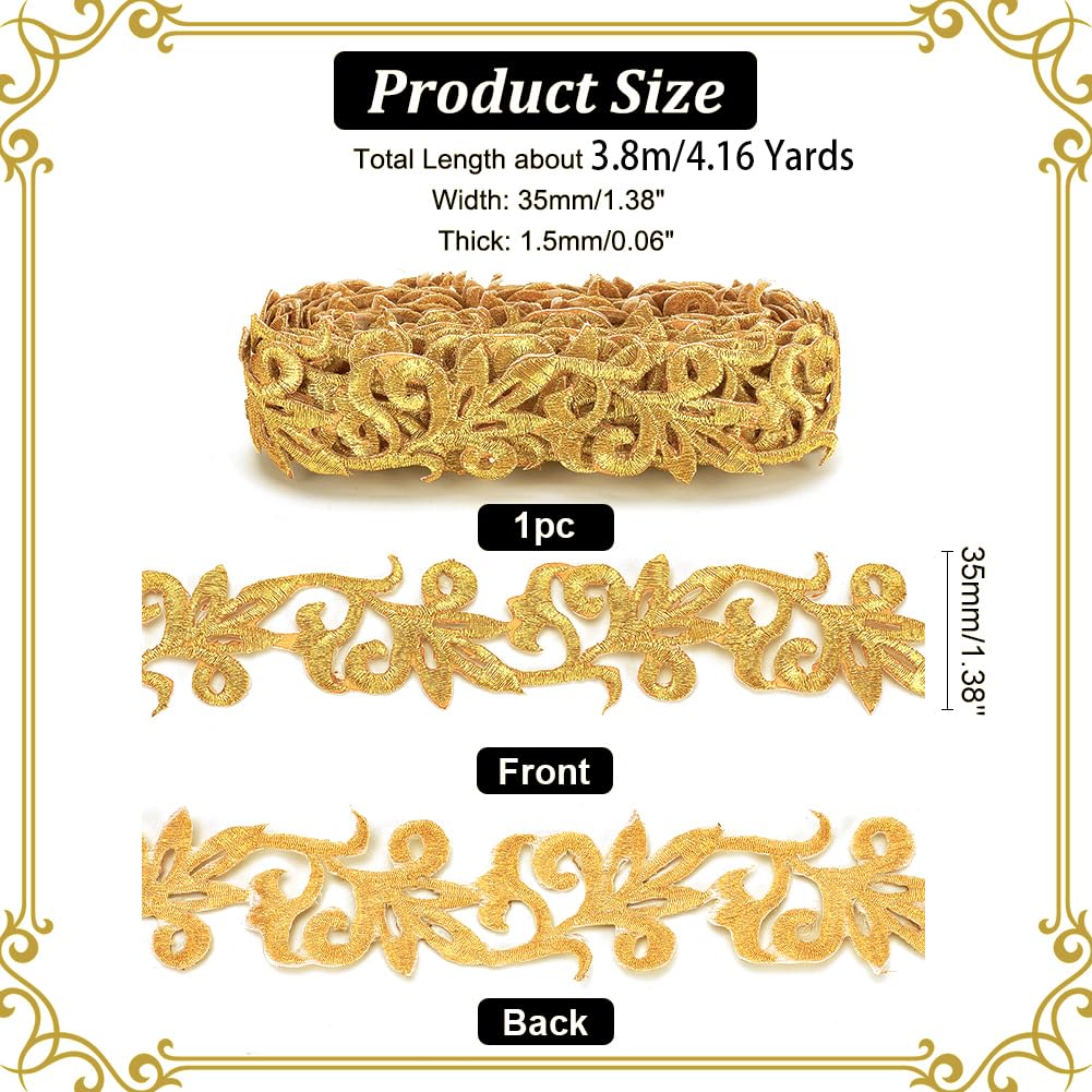 NBEADS About 4.15 Yards(3.8m) Gold Embroidery Polyester Ribbons, 1.38" Wide Metallic Lace Trim Iron on Metallic Flower Lace for Sewing Costumes Gowns Home Decor Garment Accessories