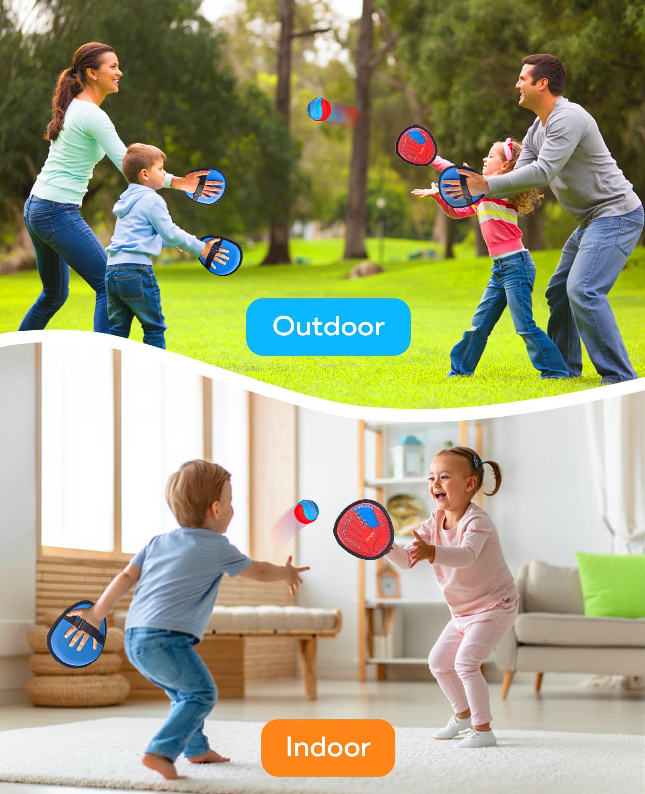 JoyCat Toss and Catch Ball Game for Kids, 4 Paddle Sticky Ball Set, Toddler Baseball Catch Toy, Outdoor Game for Beach, Yard&Camping, Family Sports Easter Basket Stuffer Gift for Boys Girls Ages 3-12