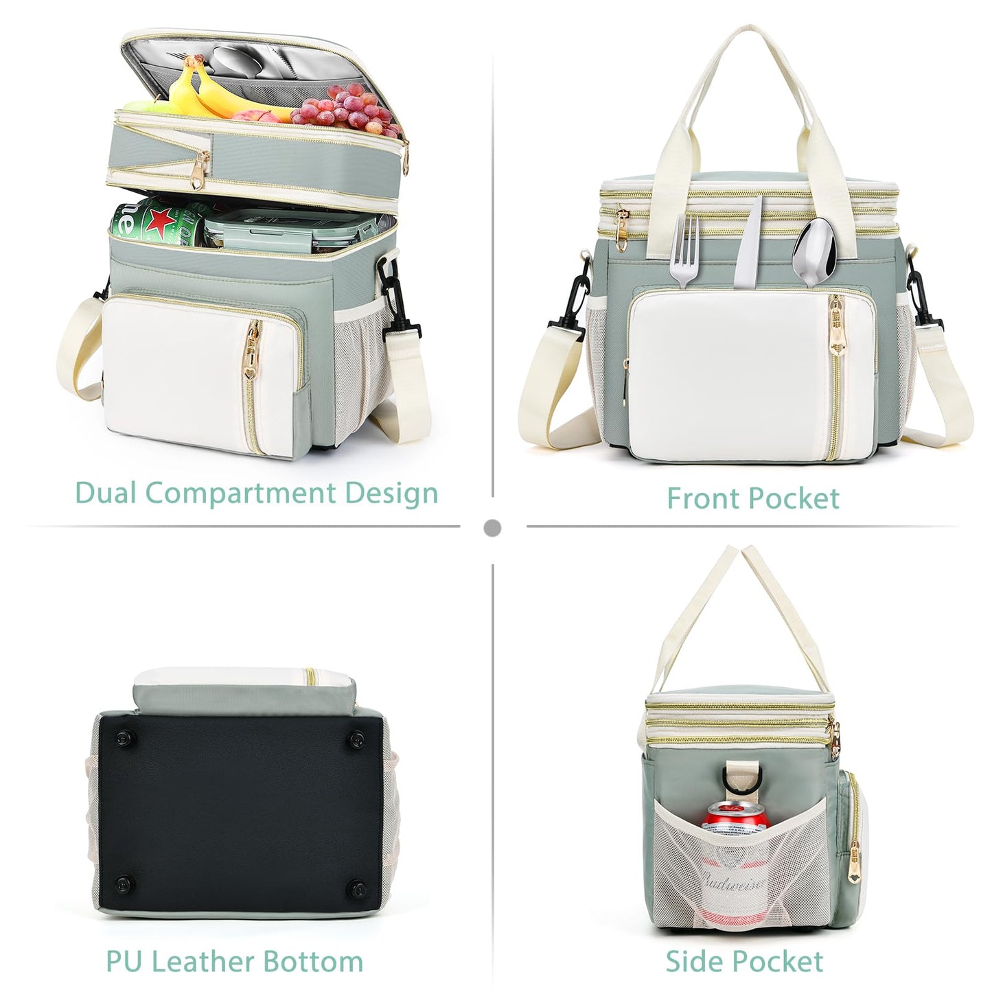 Lunch Box & Lunch Bag for Women Men, Expandable Large Insulated Adult Lunch Bag with Strap, Double Deck Leakproof Lunchbox Durable Cooler Bags for Work Picnic Beach,16L, Olive Green & White