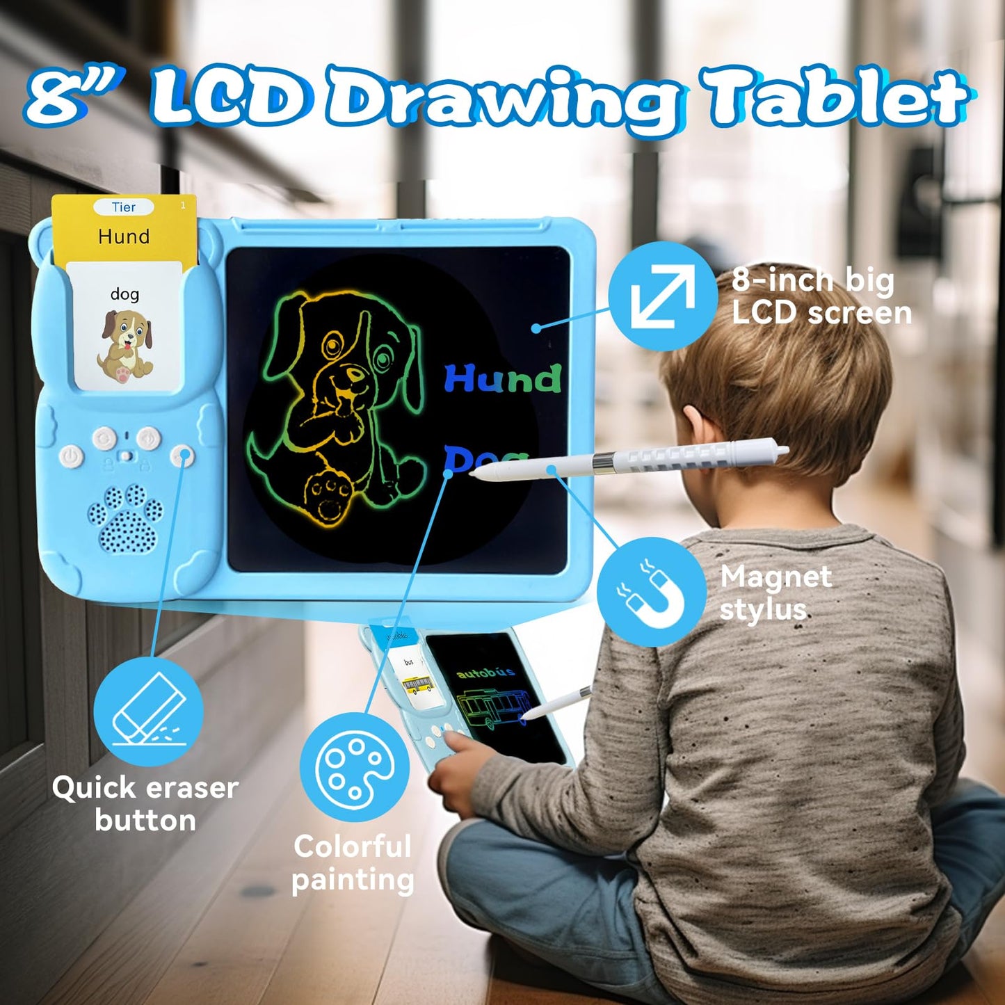 KILOGOGRAPH LCD Writing Tablet for Kids 3-12 - Talking English German Flash Cards, Bilingual 510 Sight Words, Toddler Pocket Speech, Learning Drawing Pad Board, Autism Toys for Children Boys (Blue)