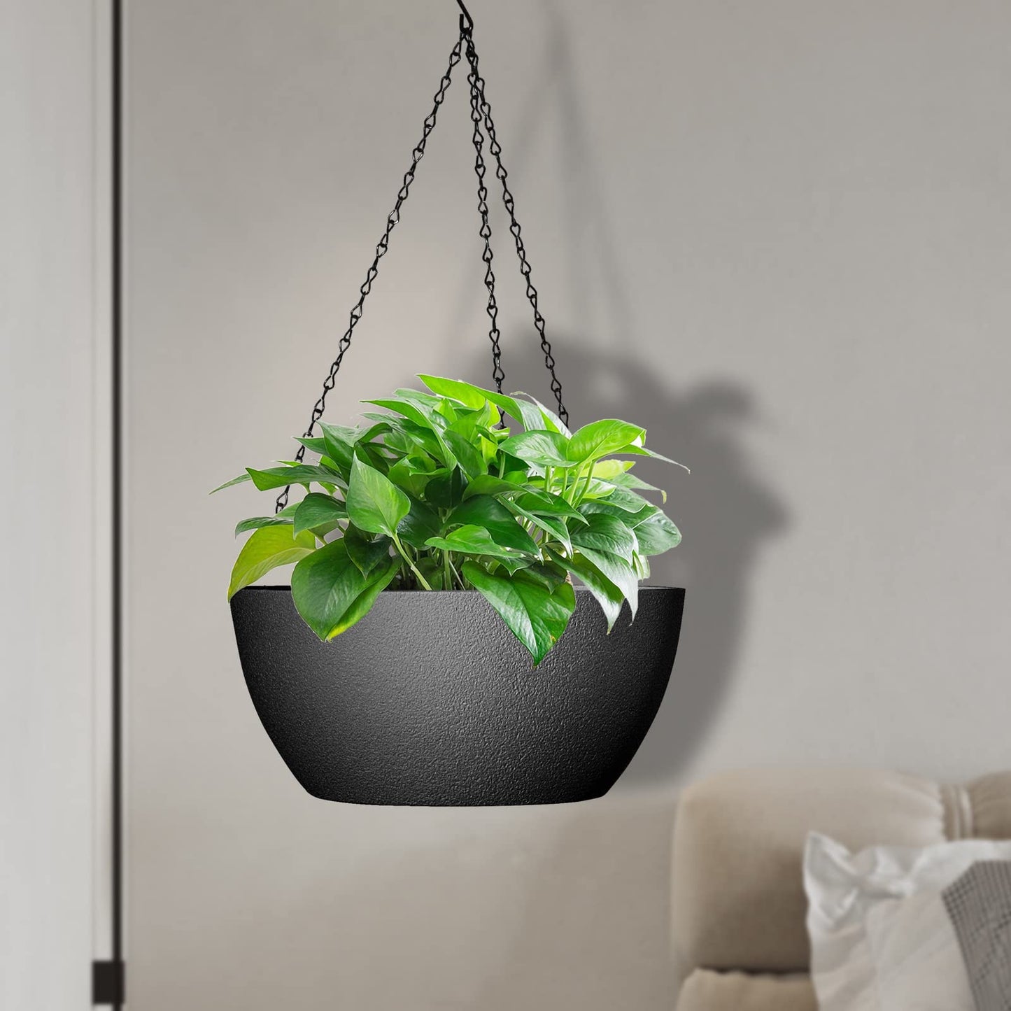 WSMKSZ 13 inch Large Hanging Planters Plant Pots for Outdoor Indoor Plants with Drainage Holes and Chain, 2 Pack Round Hanging Flower Pots for Garden Home Porch Decor, Black