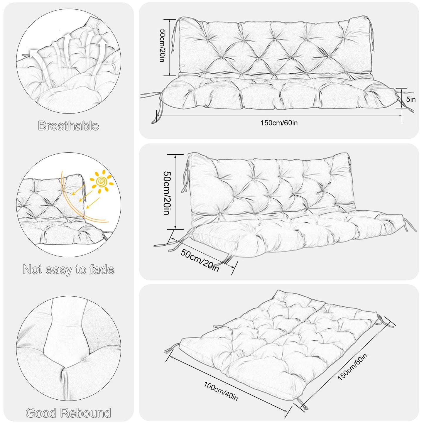 Porch Swing Cushions Outdoor 60 inch x 40 Waterproof Swing Cushions 3 Seater Replacement with Backrest & 8 Ties 5" Thick Bench Swing Cushions for Outdoor Furniture Patio(Khaki)