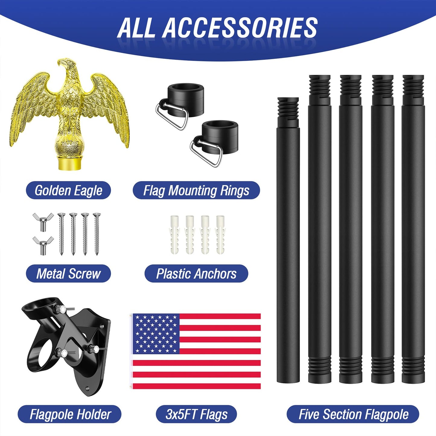Flag Pole for Outside House, Outdoor Black Heavy Duty Porch 6 FT Flag Pole Kit, for Residential or Commerical, Tangle Free Flagpole (Include American 3 X 5 Flag, Wall Mount Holder, Eagle Shaped Head)