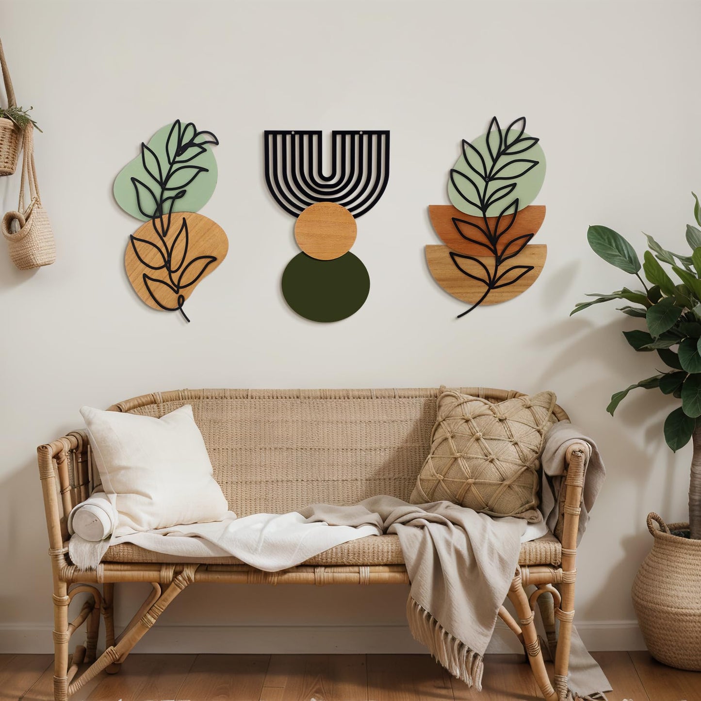 Wenqik Set of 3 Boho Wall Art Decor 3D Wood & Metal Abstract Geometric Wall Hangings Sculpture 15 x 6in Sage Green Beige Terracotta Minimalist Botanical Artwork for Home Decor Gallery Room