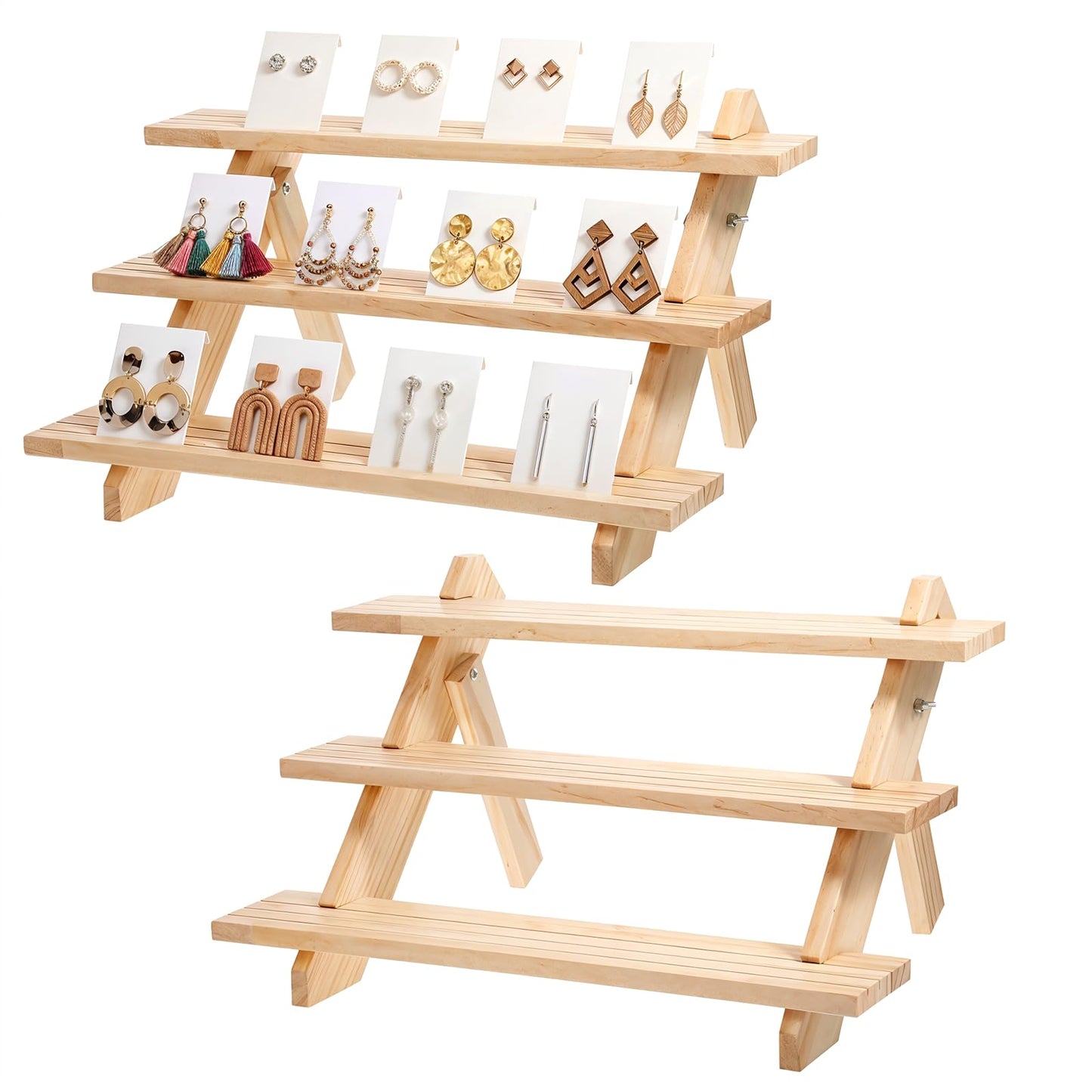 Xosjska 2 Pack 3 Tier Wooden Display Stand, Tiered Earring Display Stand, Detachable Wood Tiered Jewelry Card Displays Stands with Groove Removable Countertop Small Merchandise Displays Stands