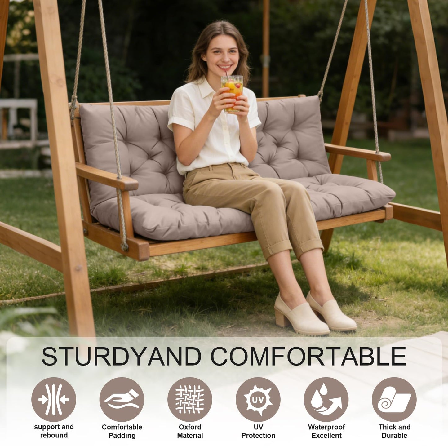 LCYY.TG Porch Swing Cushions, Outdoor Swing Replacement Cushions 3 Seater with Backrest, Waterproof Bench Cushion with Ties,for Patio,Porch, Garden,Backyard