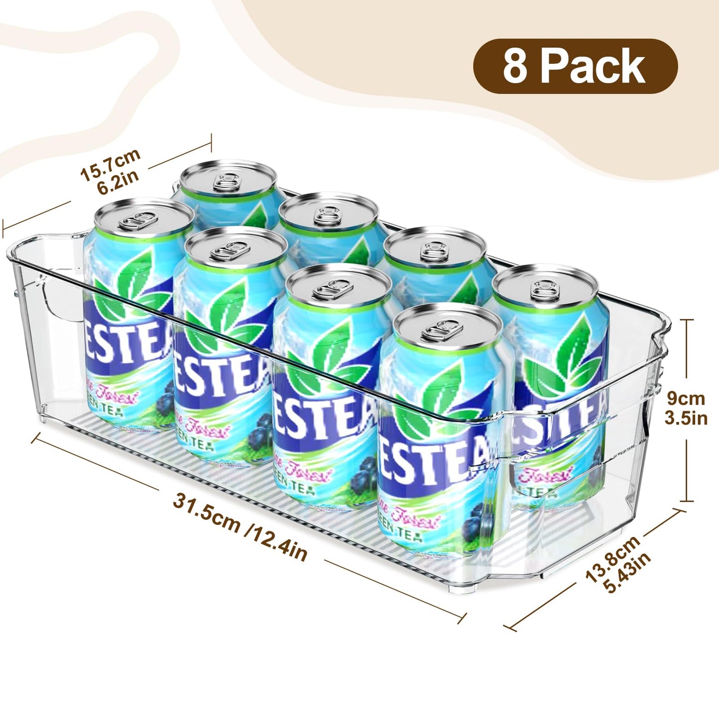 Clear Fridge Organizer, Refrigerator Organizer Bins with Handle, Freezer, Kitchen Cabinet, Pantry Organization, BPA Free Fridge Organizers (12.4 inch 8 Pack)