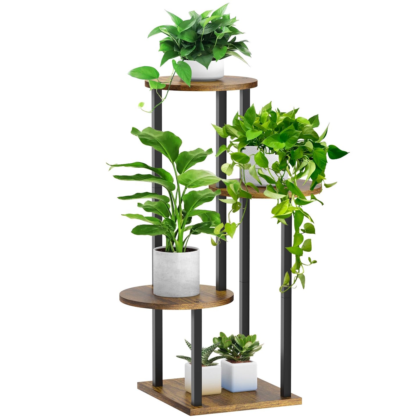 SMFANLIN 4 Tier Plant Stand Indoor, Metal Wooden Tall Plant Shelf Flower Pot Stand for Multiple Plants, Corner Flower Holder Plant Display Rack for Living Room Balcony Patio Garden (Rustic Brown)