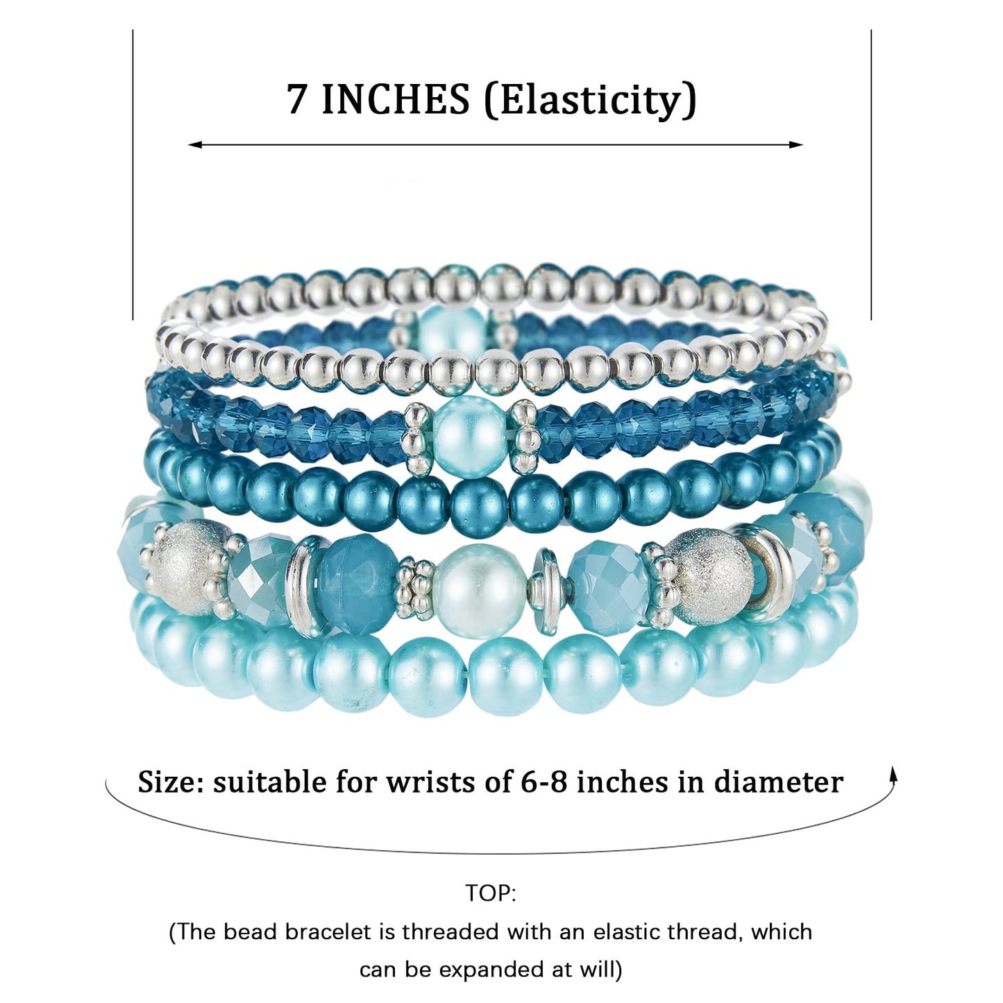 Noessla Beaded Pearl Stretch Bracelet Silver Stackable Crystal Beads Bracelets Trendy Costume Jewelry Mothers Day Gifts for Women(Turquoise)