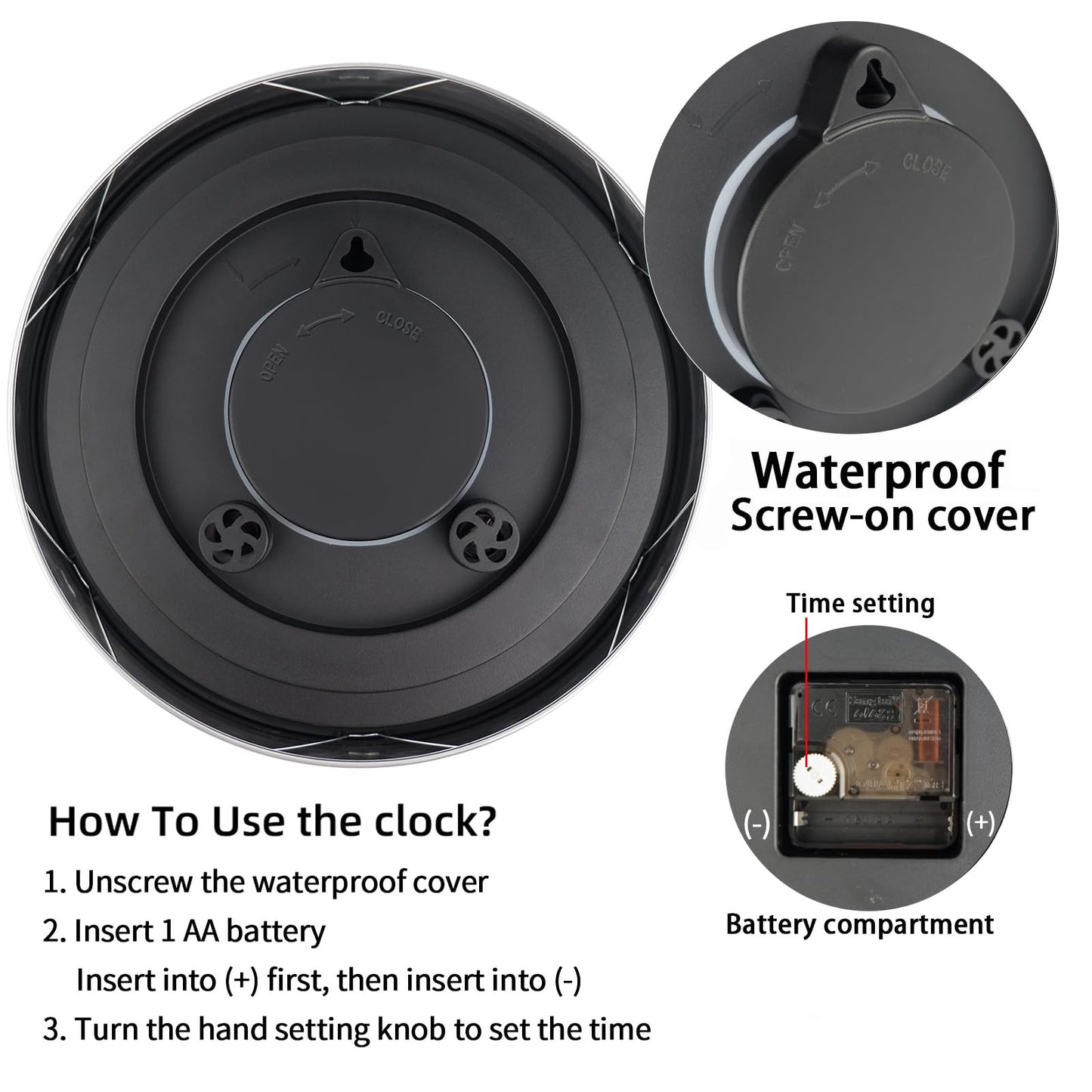 Caysie 12 Inch Indoor Outdoor Clocks Waterproof with Thermometer and Hygrometer Combo, Silent Battery Operated Quartz Metal Wall Clock for Patio Pool Bathroom Home (Black)