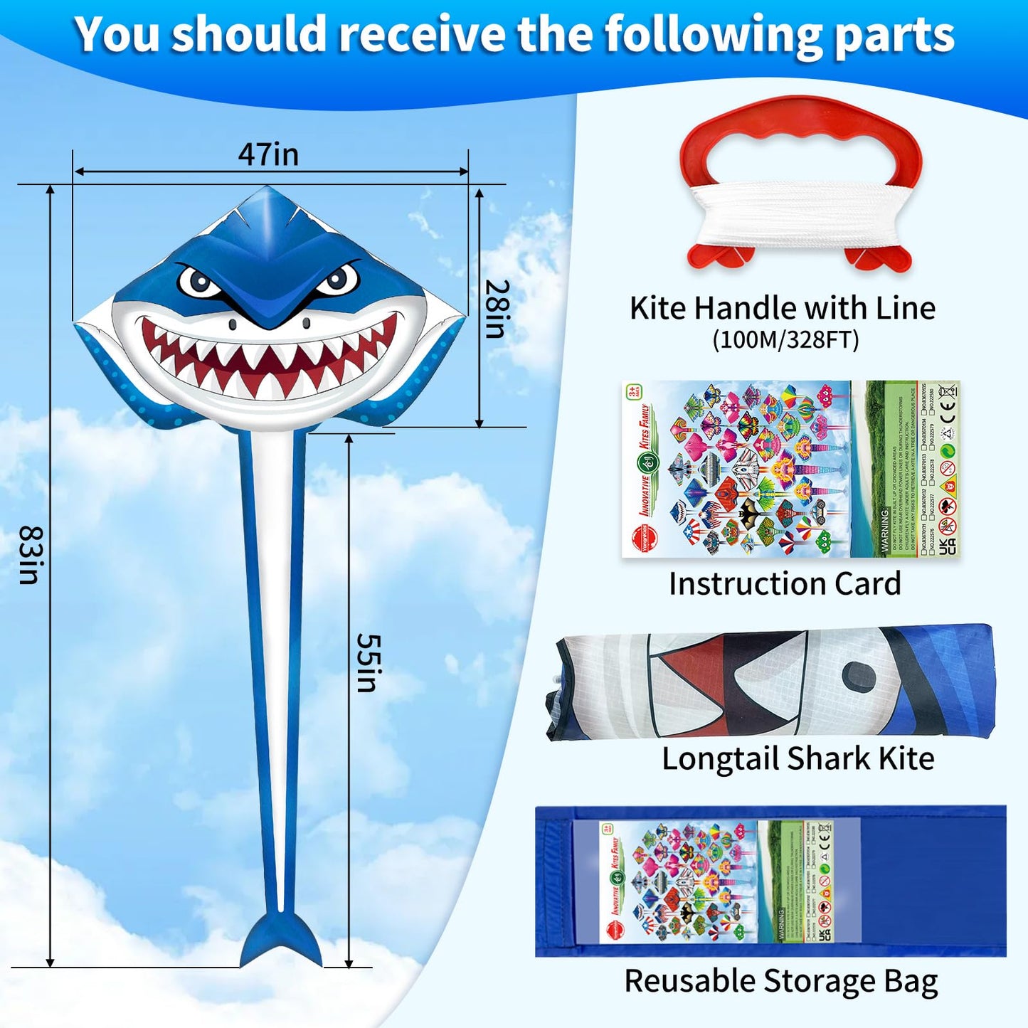 Kites for Kids Ages 4-8 8-12, Large Shark Kite Easy to Fly for Kids & Adults, Beach Kites Toys with 328ft String and Handle, Beginner Kite for Boys Girls Outdoor Activities Summer Beach Games