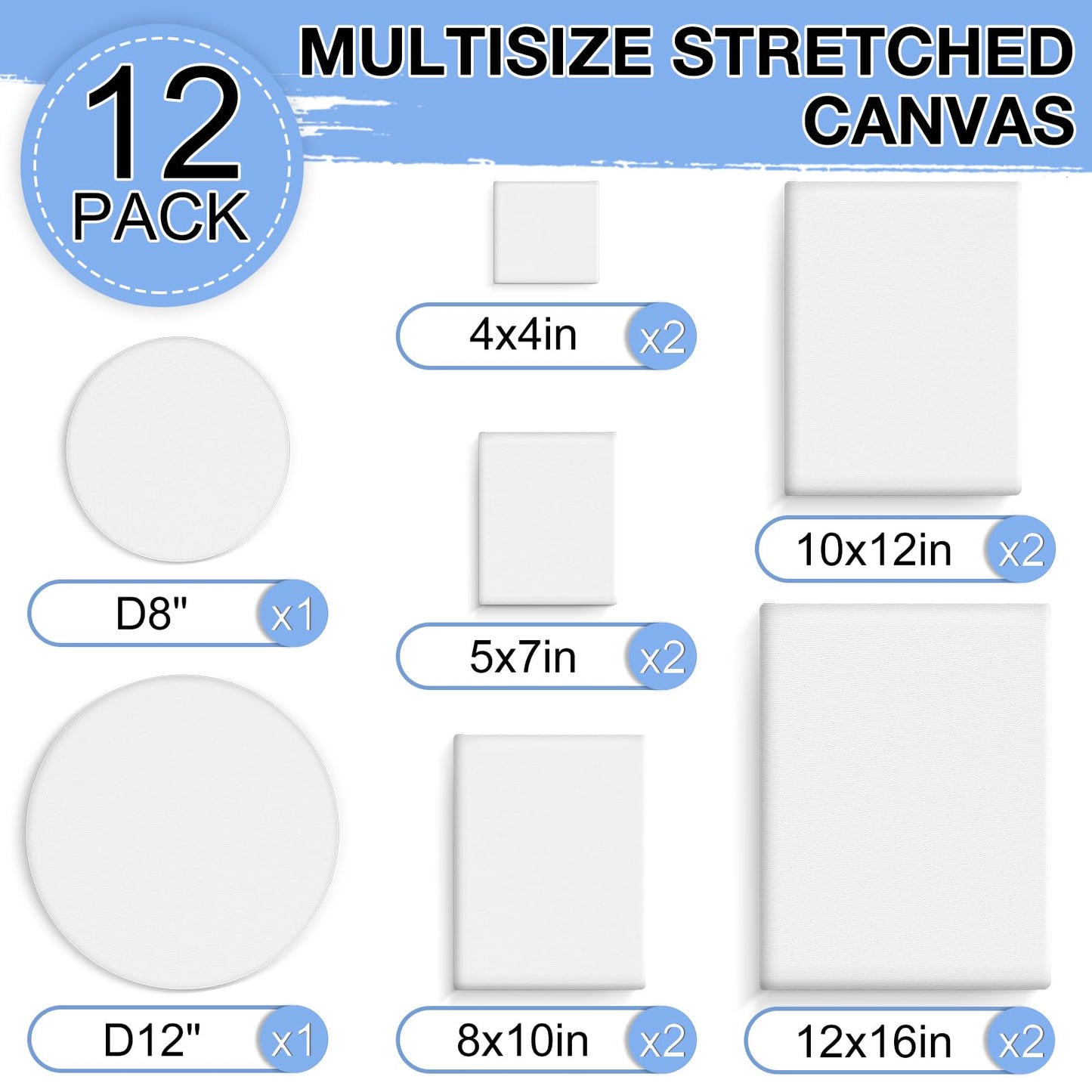 ESRICH 12 Pack Stretched Canvas for Painting, 4x4, 5x7, 8x10, 10x12, 12x16(2 of Each), Round Canvas with 8x8, 12x12(1 of Each), Blank Canvases Primed Paint Canvas for Beginners, Artists.