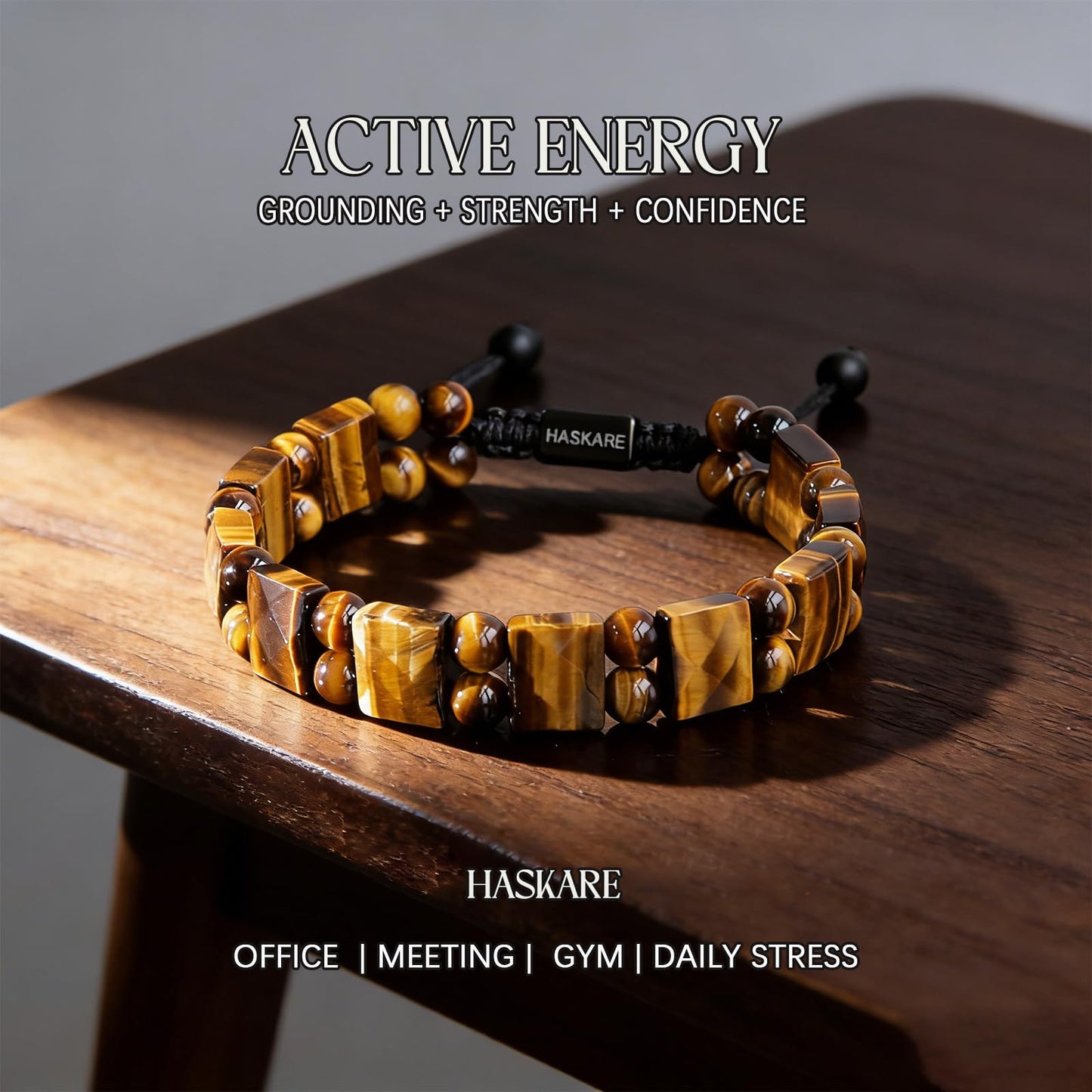 HASKARE Protection Crystals Tiger Eye Bracelets for men, Mens Bracelet Beads Healing Crystal Tigers Eye Bracelet, Genuine Stone Anxiety Relief Woven Drawstring Flatbead Bracelets Gift for Him