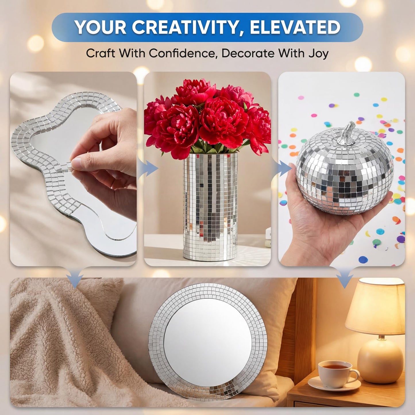Yuanan 12000 PCS Disco Ball Mirror Tiles, 5×5 mm Self Adhesive Mirror Mosaic Tiles Bulk Glass Mosaic Stickers Extra Sticky for DIY Crafts, Flower Pots, Glassware, Cups, Party and Home