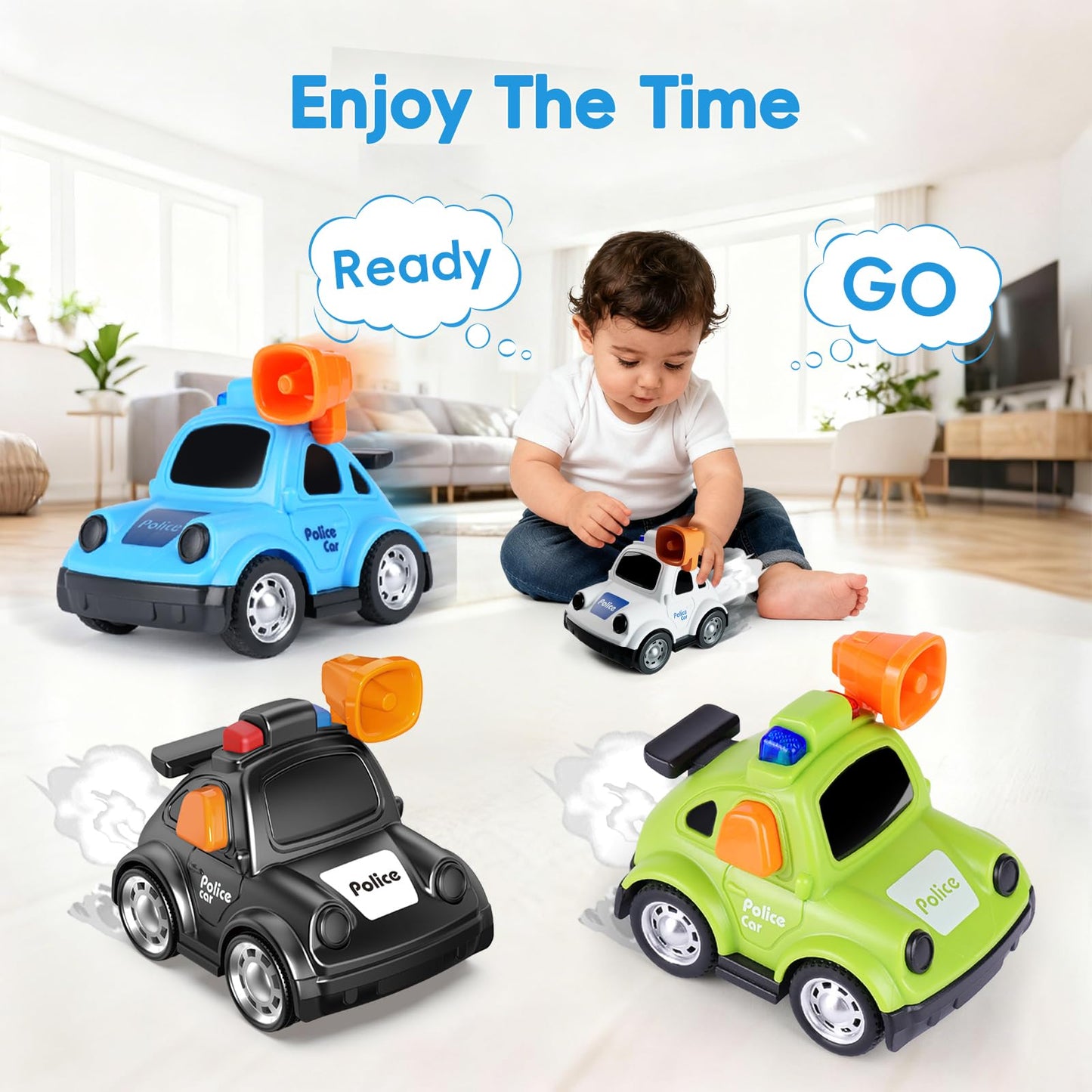 YEHOSHUN Cartoon Police Car Push and Go Inertia Toys for Toddlers 1-3, Friction Powered Race Vehicles for Toddlers 6-9-12-18 Month, 1st Birthday Gift for 1-2 Year Old Boys Girls