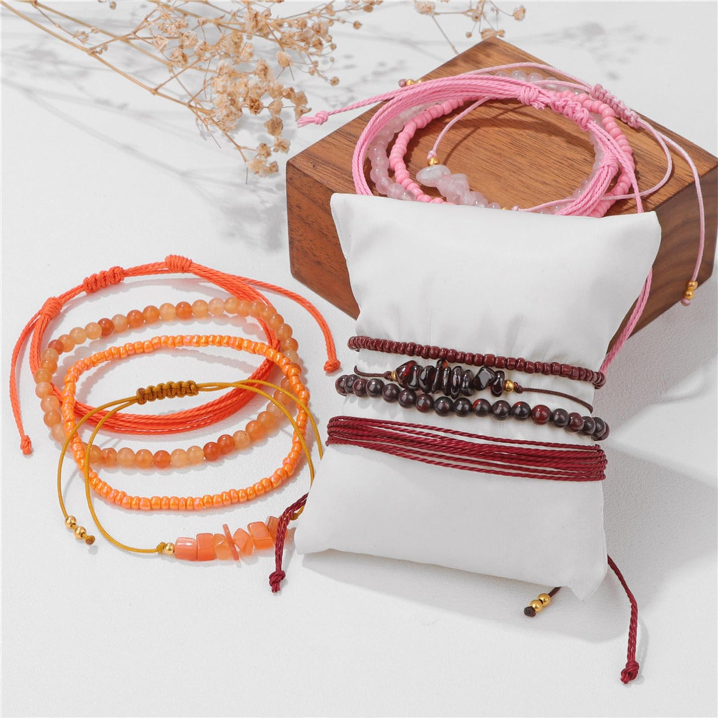 MORIANCE 4Pcs Garnet Bracelet for Women Garnet Healing Crystal Bracelets Boho Bead Bracelet Handmade Red Natural Stone Bracelets Red Jewelry for Women