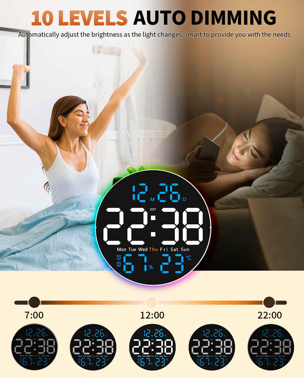 GLOKUUCA 10 Inch Large Digital Wall Clock with 9 Color Changing Remote Control, Date Week Temperature, Auto Brightness Dimmer Big Clock with Night Lights,Blue