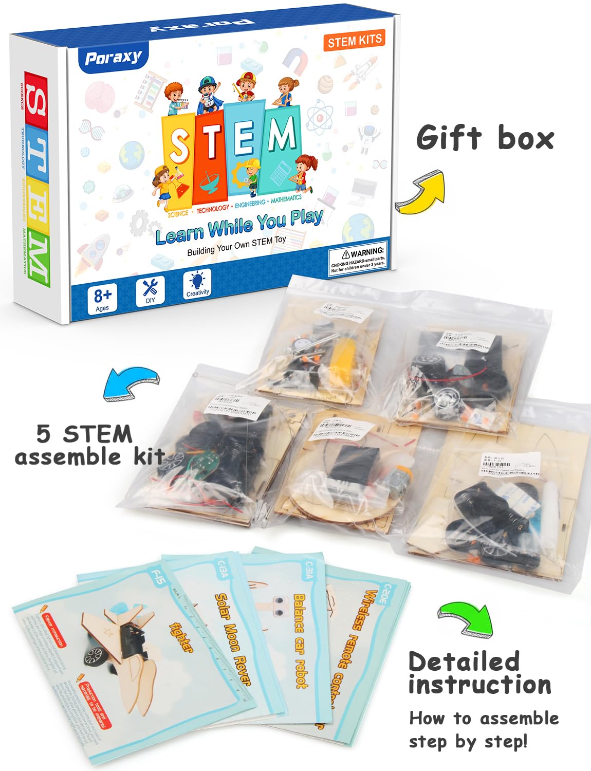 Poraxy STEM Model Car Kits, Toys for Boys Age 8-12, 5 in 1 Kids Wood Building Kit 8-10, 3D Wooden Puzzles, Educational Science Crafts Kits, Birthday Gifts for 8 9 10 11 12 13 14 Years Old Boys