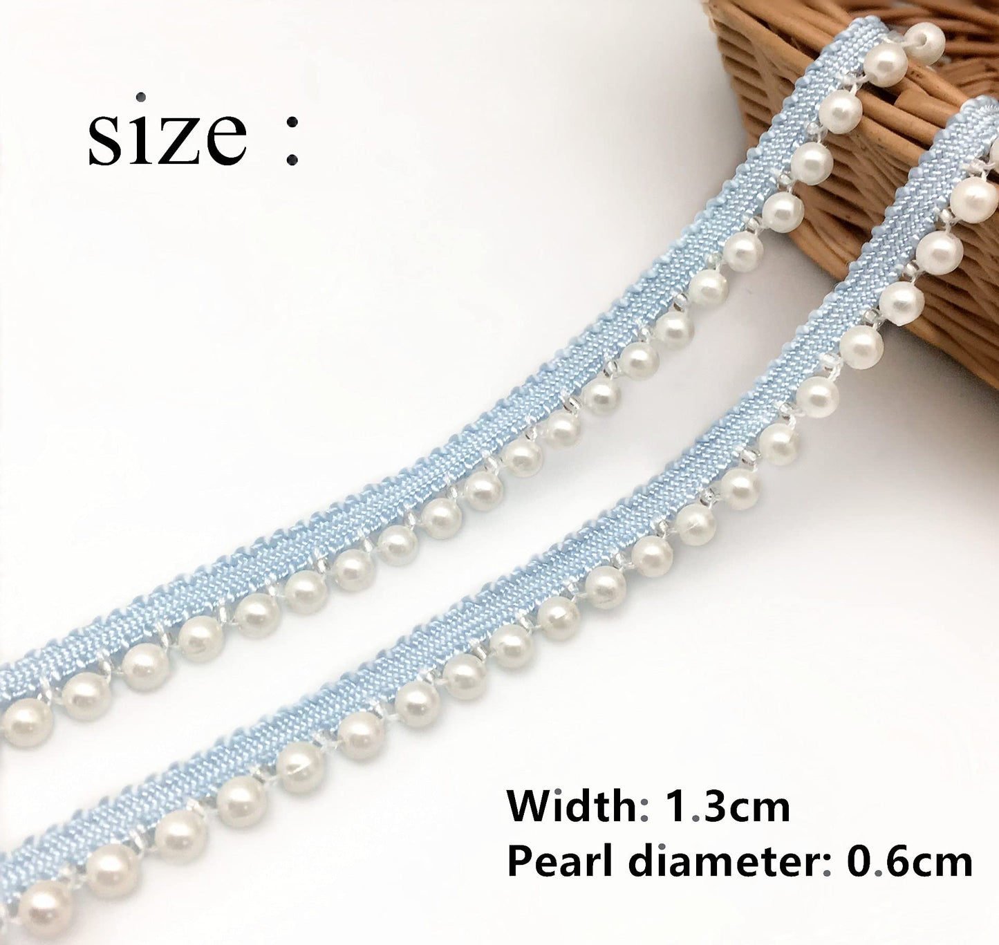 FQTANJU 2 Yards Faux Pearls Lace Ribbon Pearl Fringe Applique, DIY Craft Ribbon Pearl lace Trim for Wedding Party Decoration,Blue