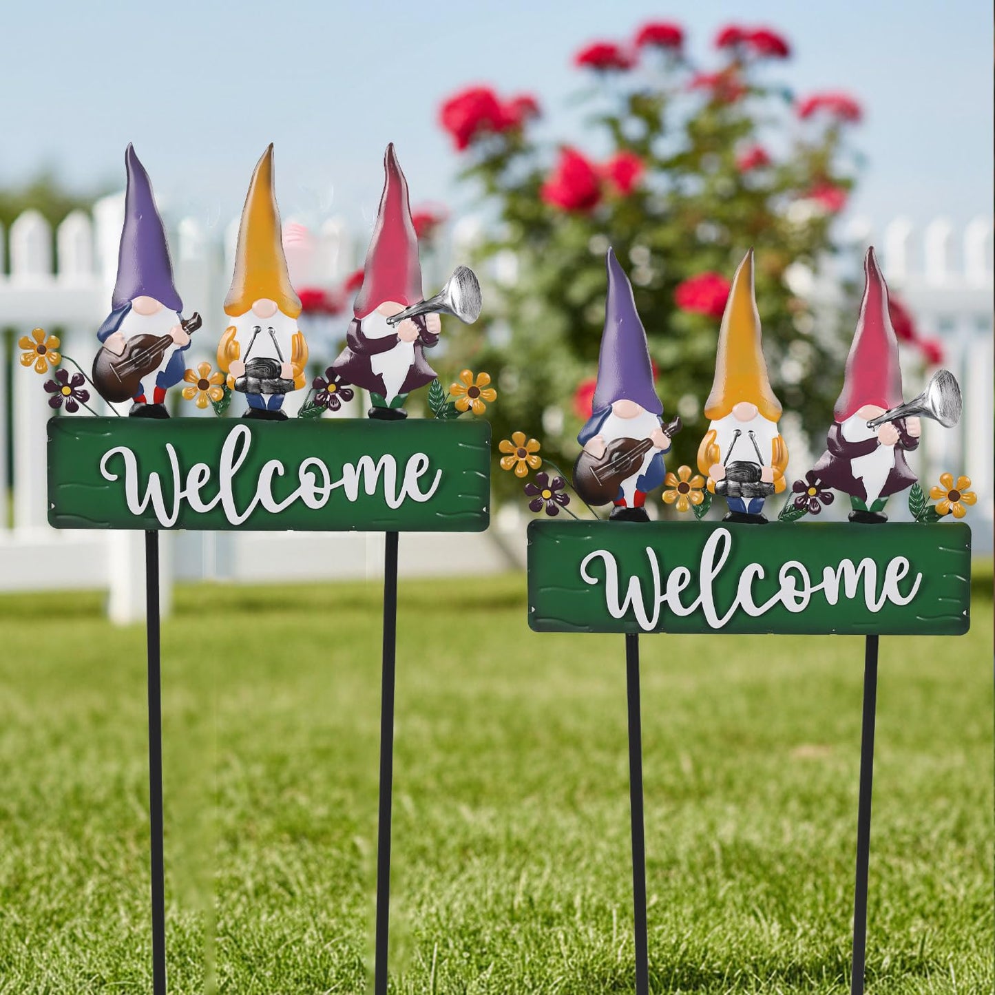 YHSOLAR Spring Gnomes Decorations for Yard with Garden Welcome Sign, Large 43.3inch Musical Gnome Decorative Garden Stakes Metal Yard Art for Outdoor Lawn Decorations
