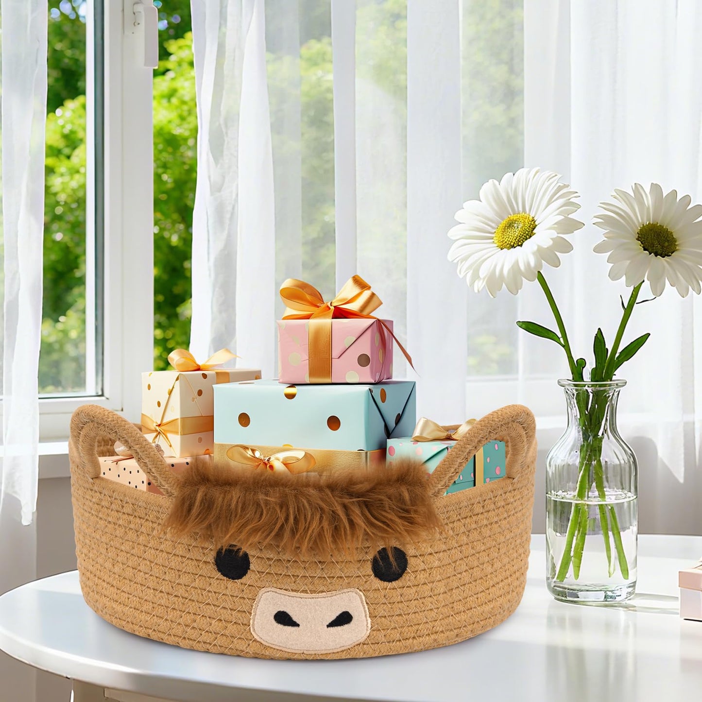 Hkojewp Oval Highland Cute Cow Basket for Nursery, Small Woven Gift Basket, Rope Cotton Storage for Gifts Empty, Baby Shower Blanket 0rganizer with Handles,Towel Decorative Bins, 12"D x 5"H in