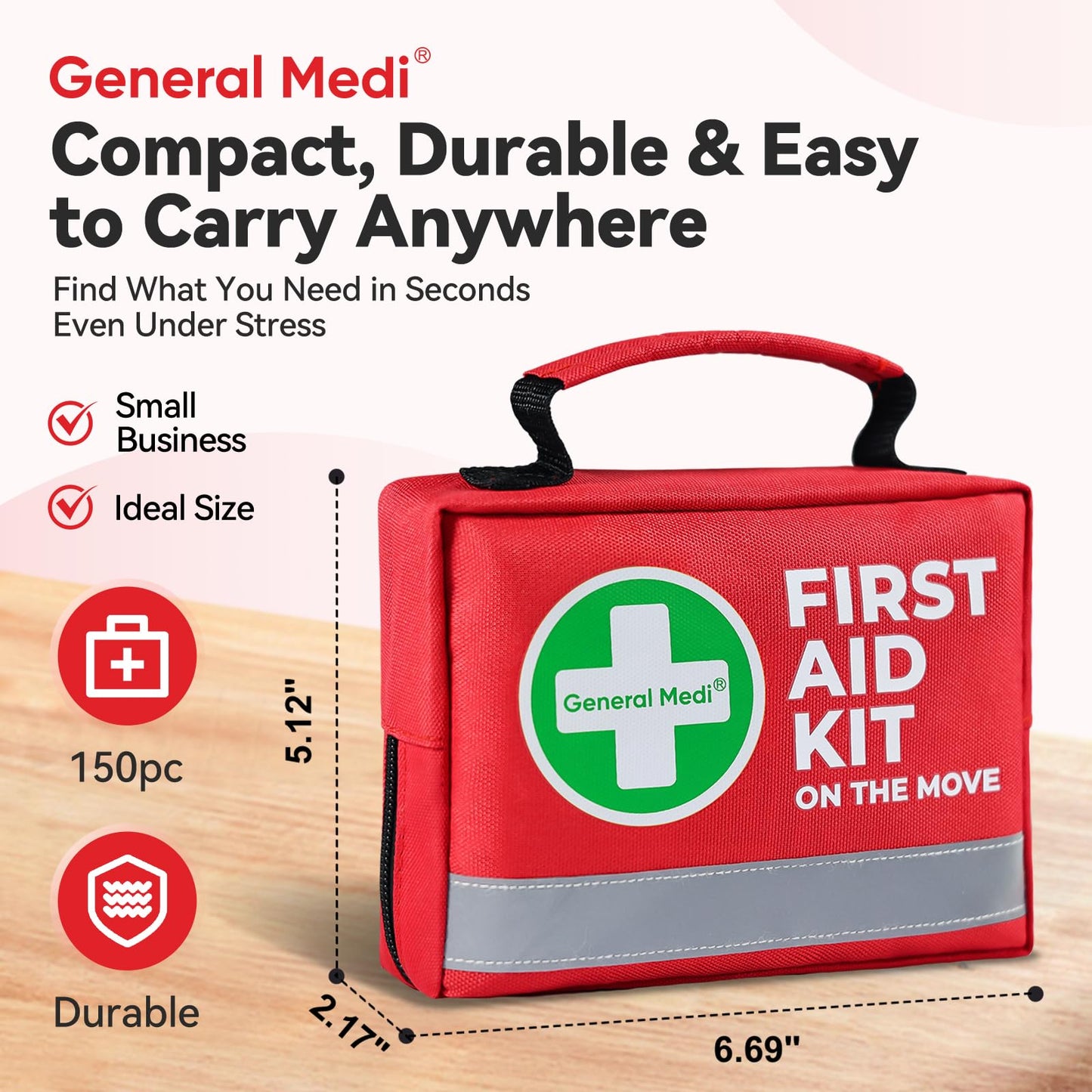 General Medi First Aid Kit - 150 Pieces Small Compact First Aid Kit Bag - Includes Instant Cold Pack, Emergency Blanket for Travel, Home, Office, Vehicle, Camping