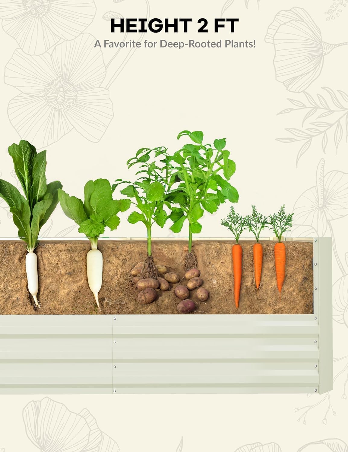IDEALHOUSE 6x3x2 Ft Galvanized Metal Raised Garden Bed, 24-Inch Tall Heavy Duty Planter Box for Vegetables, Herbs & Flowers, Rust-Resistant Outdoor Gardening Bed, Beige