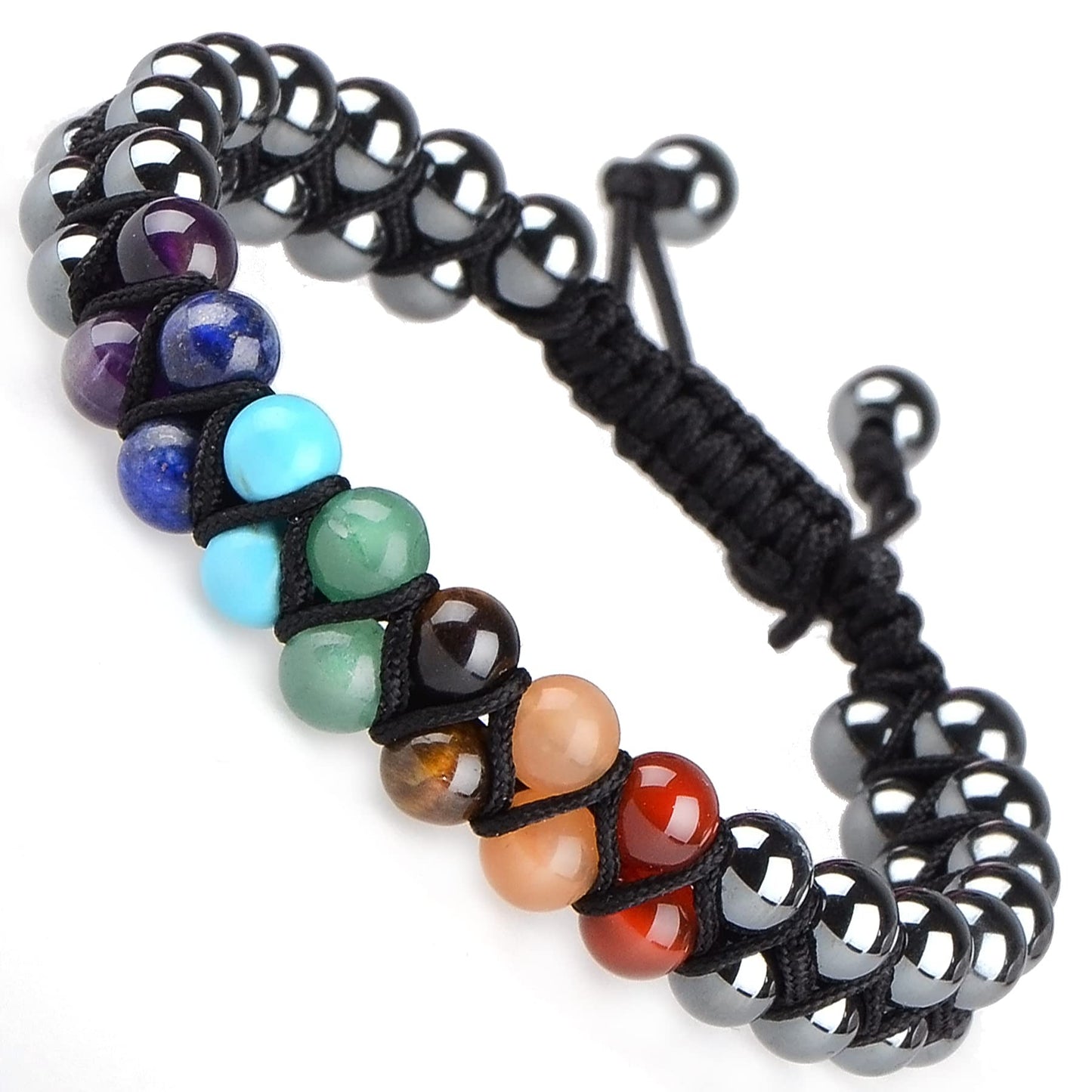 MASSIVE BEADS Natural Chakra Healing Power Crystals Macrame Bracelet Yoga Double Layer Stone Beads Gemstone Meditation Relax Anxiety Bangle for Unisex Women Men (7-Chakras&Hematite, 6mm)