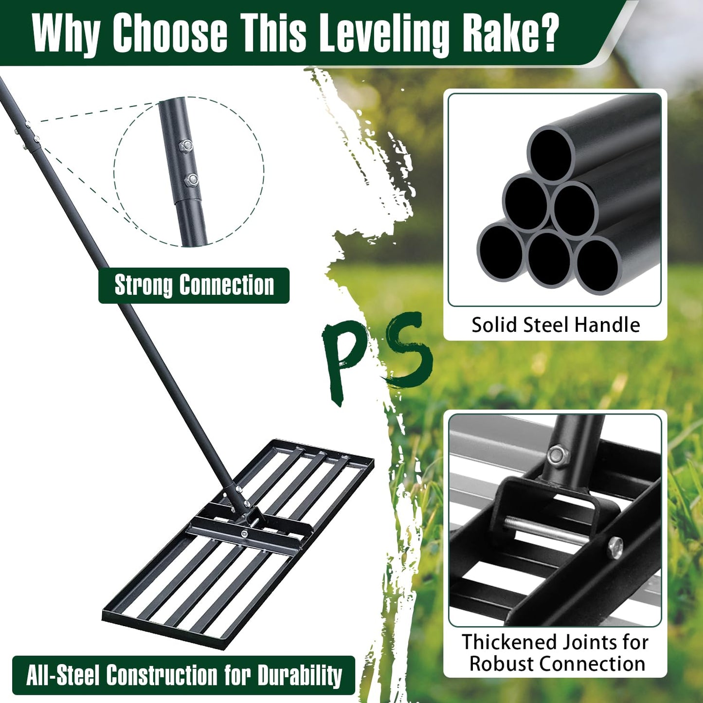 Jardineer 45 Inch Heavy Duty Lawn Leveling Rake, 72 Inch Long Handle Yard Leveler for Grass Soil, Ground Dirt Leveler Tool for Lawn, Garden, Golf Course Maintenance
