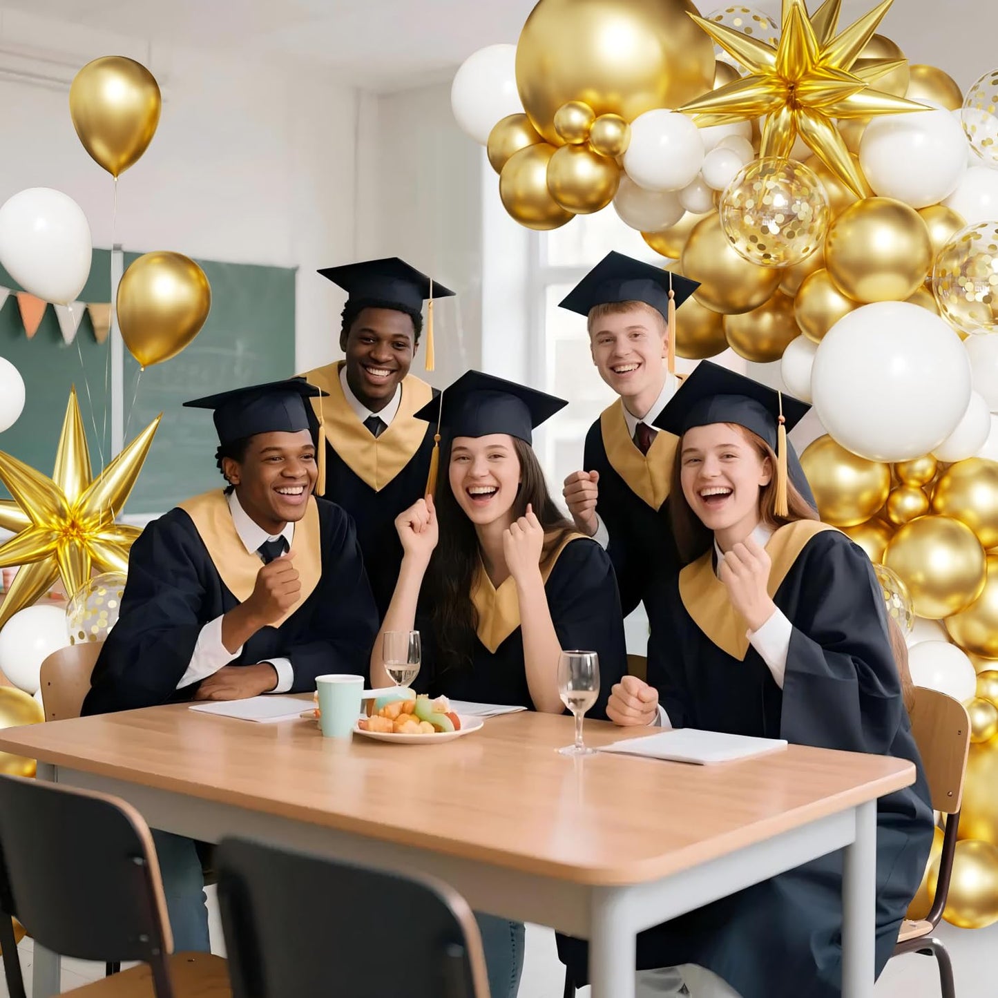 White and Gold Balloon Arch Kit, 130Pcs White and Gold Graduation Decorations with Gold Foil Star Confetti Balloons for College High School Graduation Decorations Class of 2026