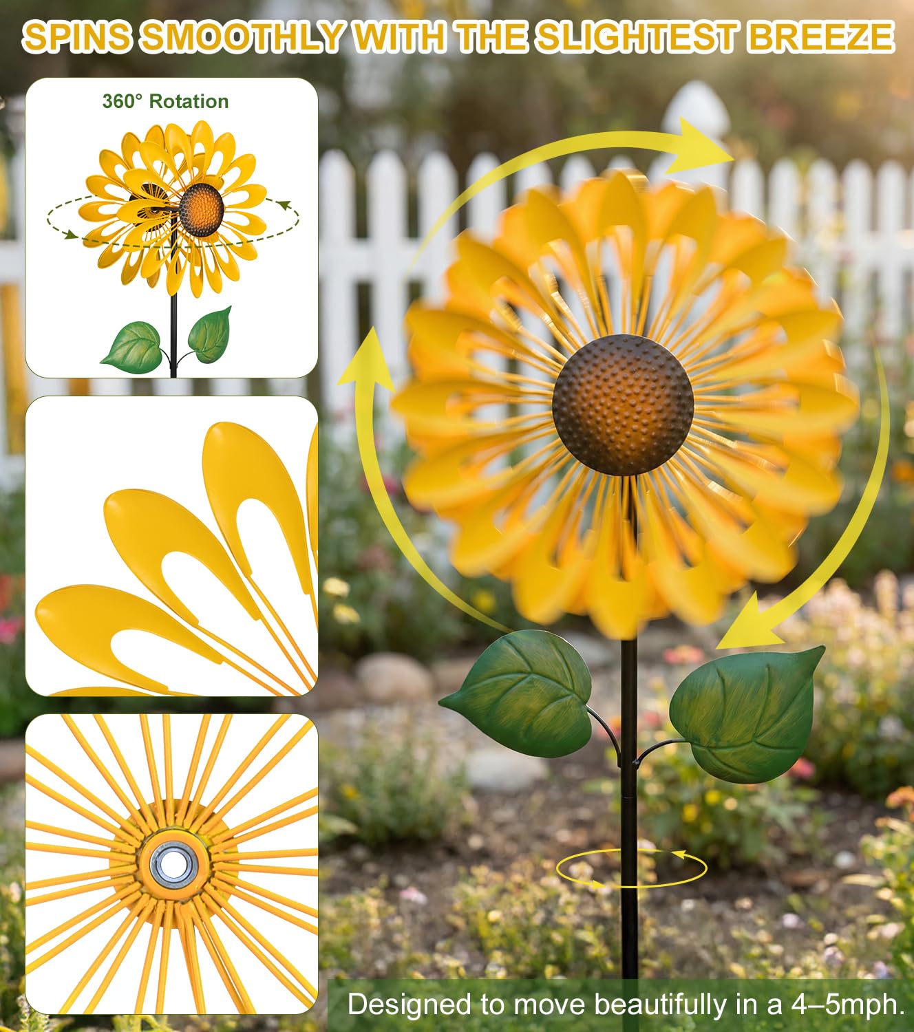 Sunflower Wind Spinners Outdoor, Metal Pinwheel Wind Sculpture for Yard Decorations, Windmill for Yard, Garden, Patio Art