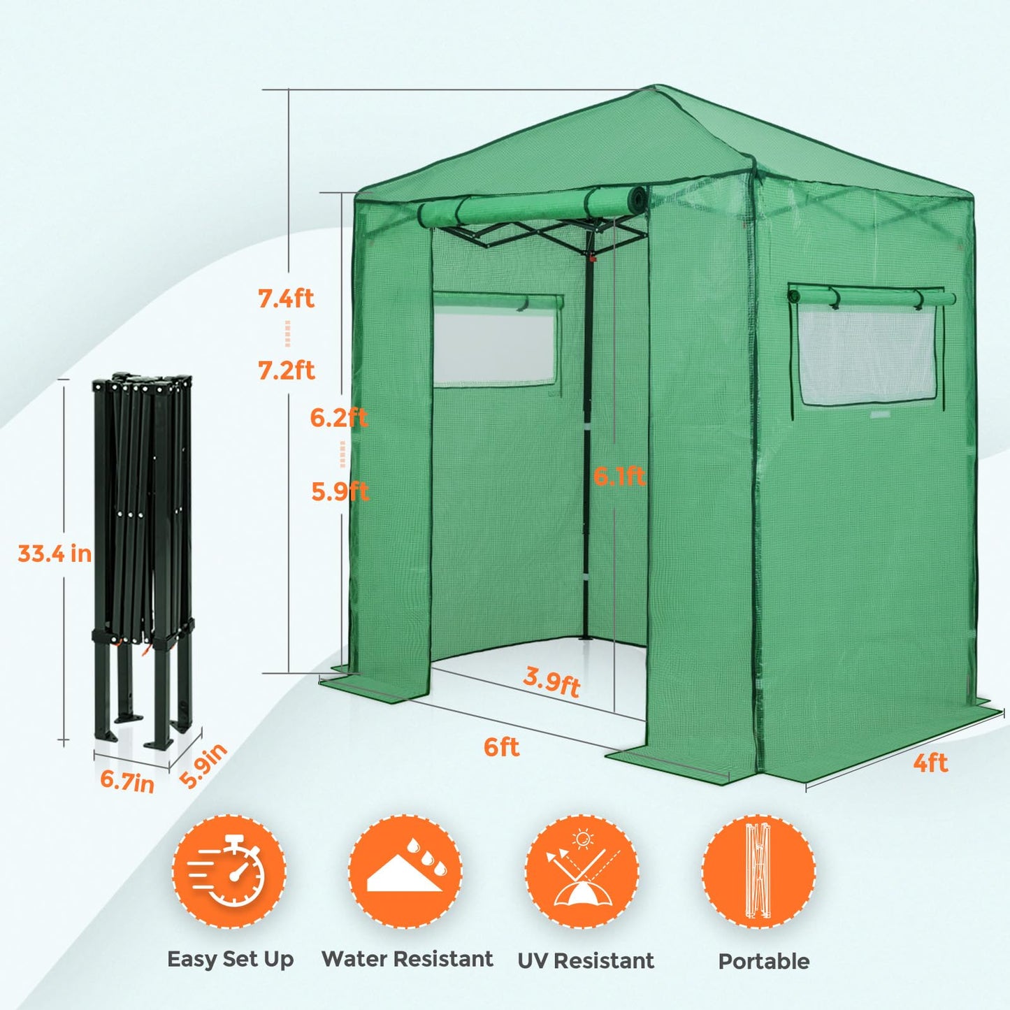 EAGLE PEAK 6x4 Portable Walk in Greenhouse, Pop Up Indoor Outdoor Greenhouse, Green House Kit with Zippered Roll-Up Doors and Windows, PE Cover, Clear/Green