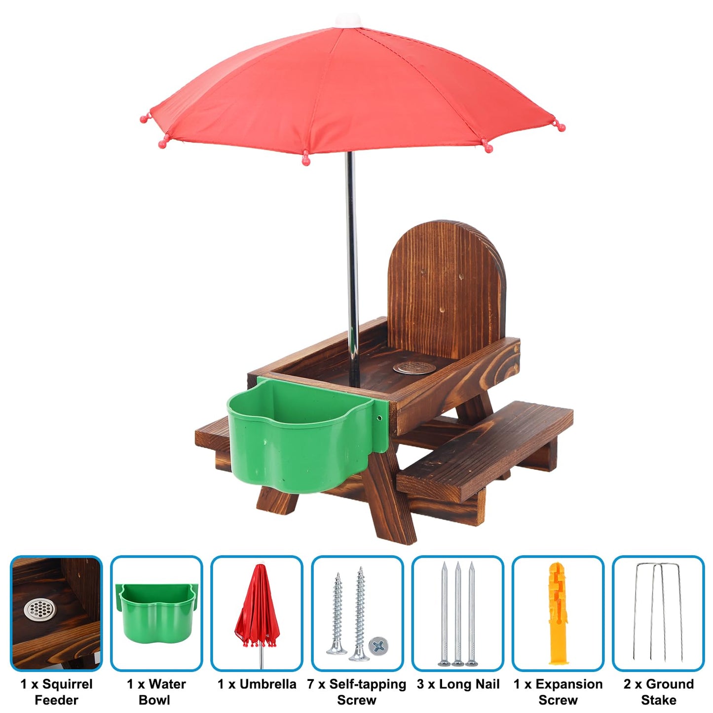 Vigormar Squirrel Feeders for Outside, Squirrel Picnic Table with Water Bowl, Corn Cob Holder and Umbrella, Squirrel Feeder with Ground Stake for Garden, Yard and Outdoor(Dark Brown)