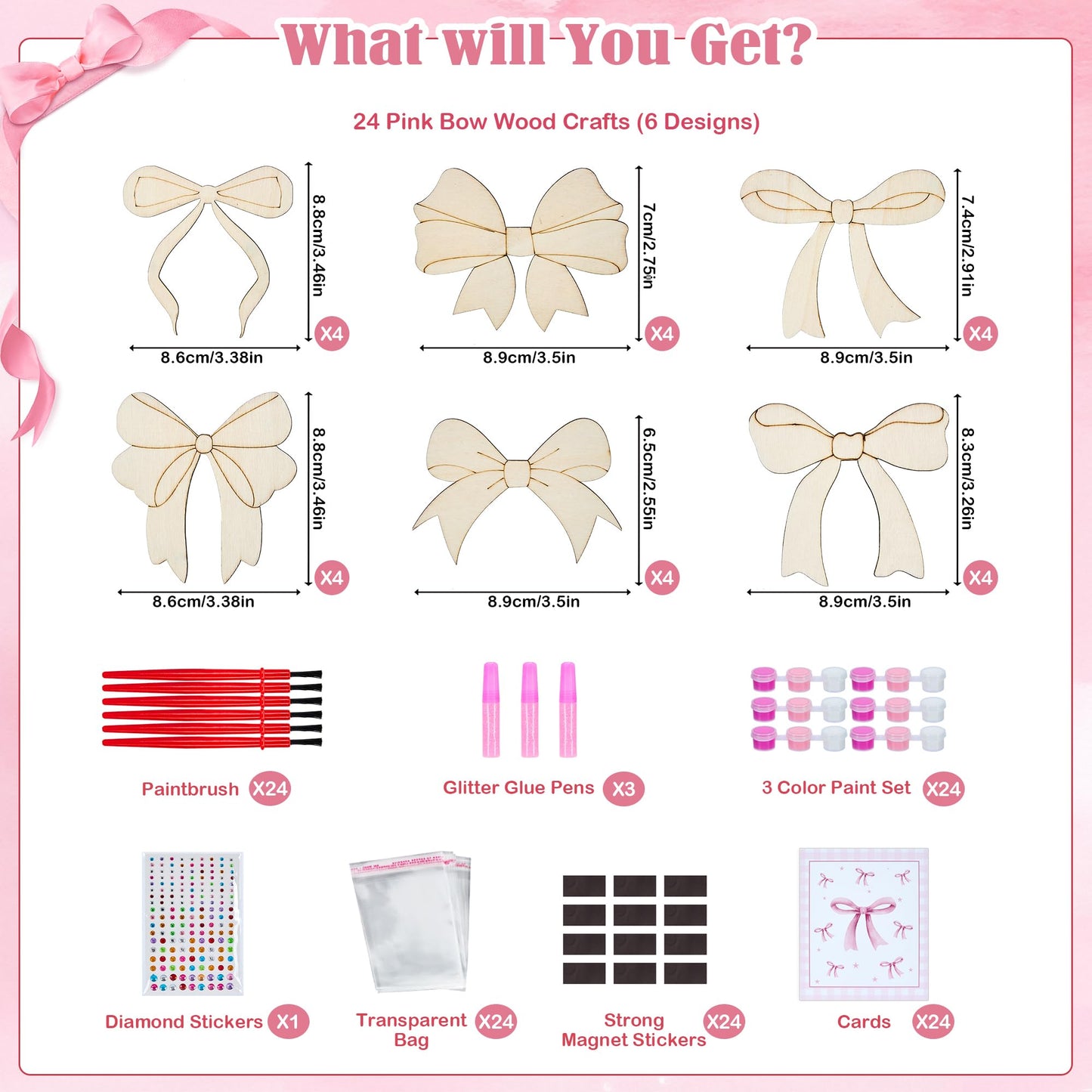 Bafeil 24 Sets Pink Bow Party Favors, DIY Wooden Bows Painting Crafts Kit with Magnets, Coquette Bow Birthday Decorations, Pink Bows Birthday Party Supplies Gifts Goodie Bags Stuffers Prizes