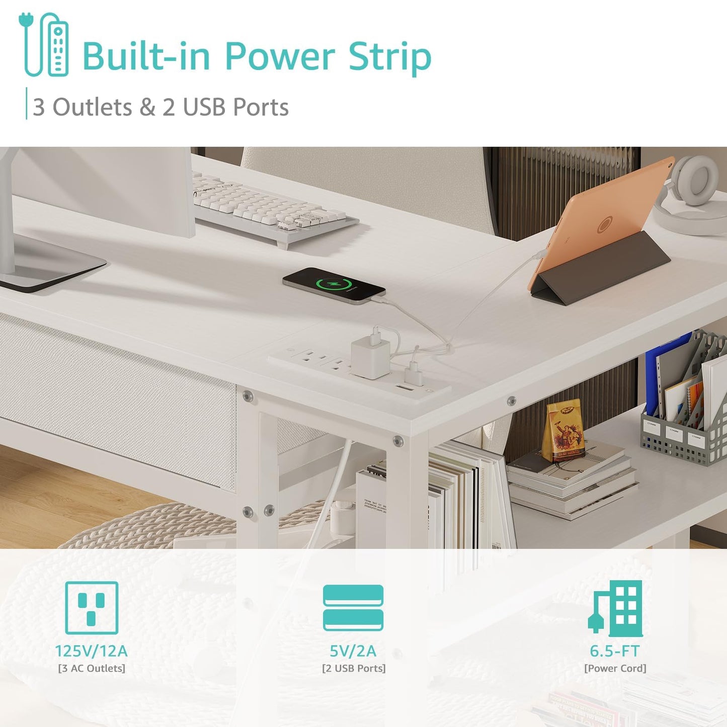 DLisiting Small White L Shaped Desk with Drawers & Storage Shelves, 40 Inch Corner Desk with Power Outlet for Small Space Home Office, Study Work PC Desks for Bedroom