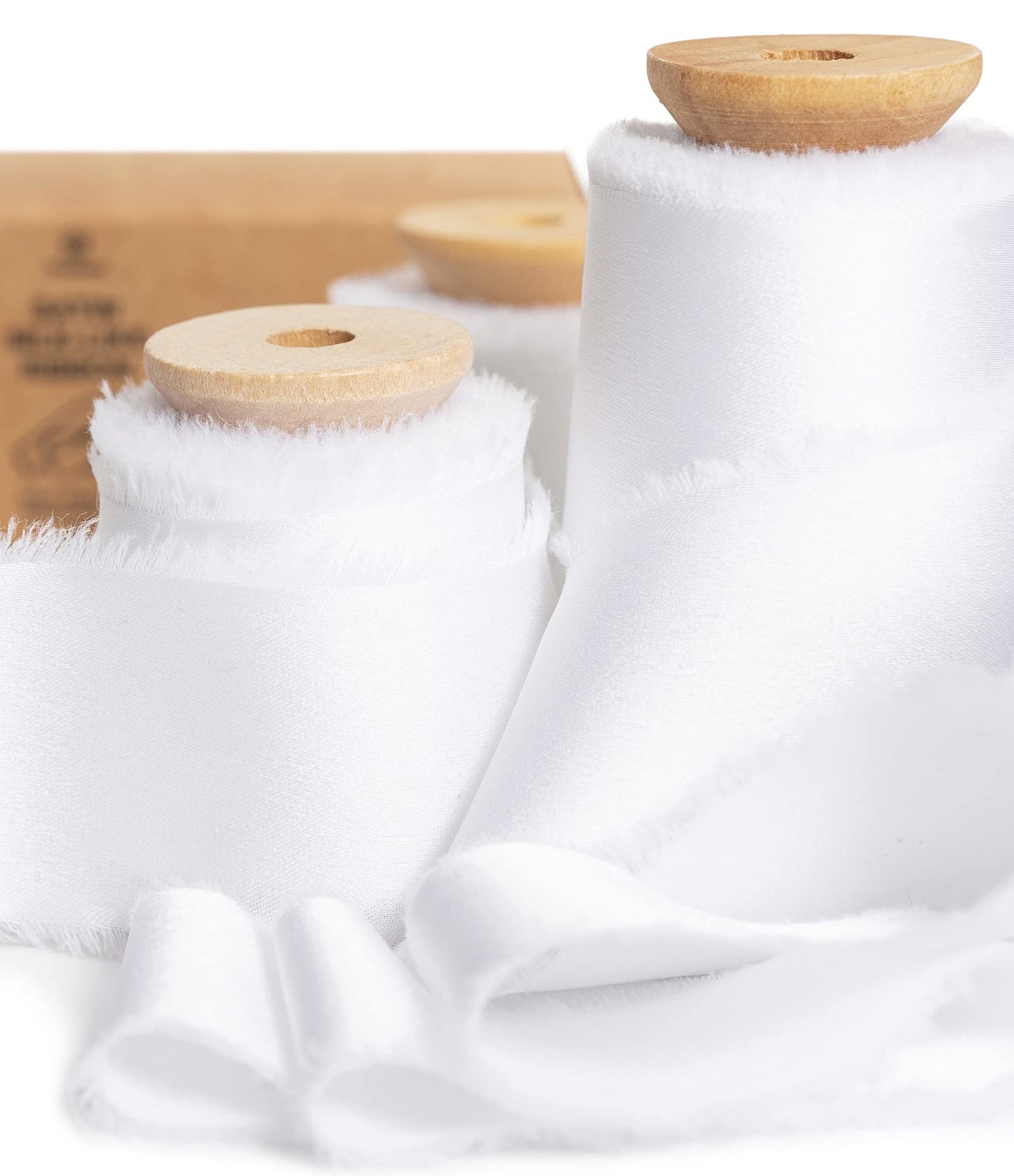 Vitalizart White Silk Satin Ribbon 1-1/2 inch x 15 Yard with Wooden Spool Off White Handmade Frayed Ribbons for Gift Wrapping Baby Shower Wedding Bridal Bouquets Holiday Decor