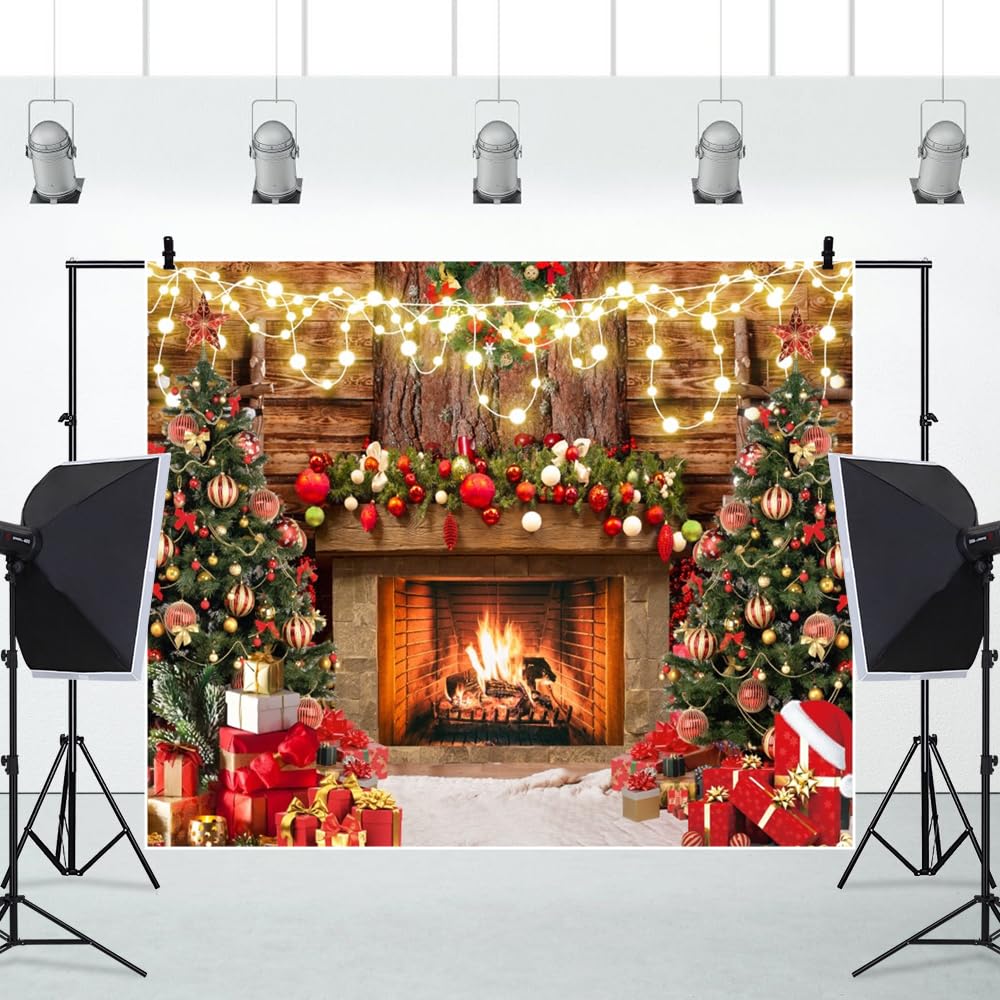 Christmas Fireplace Photography Backdrops 10x8ft Vinyl Winter Photoshoot Backdrop Xmas Tree Lights Wooden Board Wall Gift Box Background Xmas New Year Party Background Banner Supplies Props