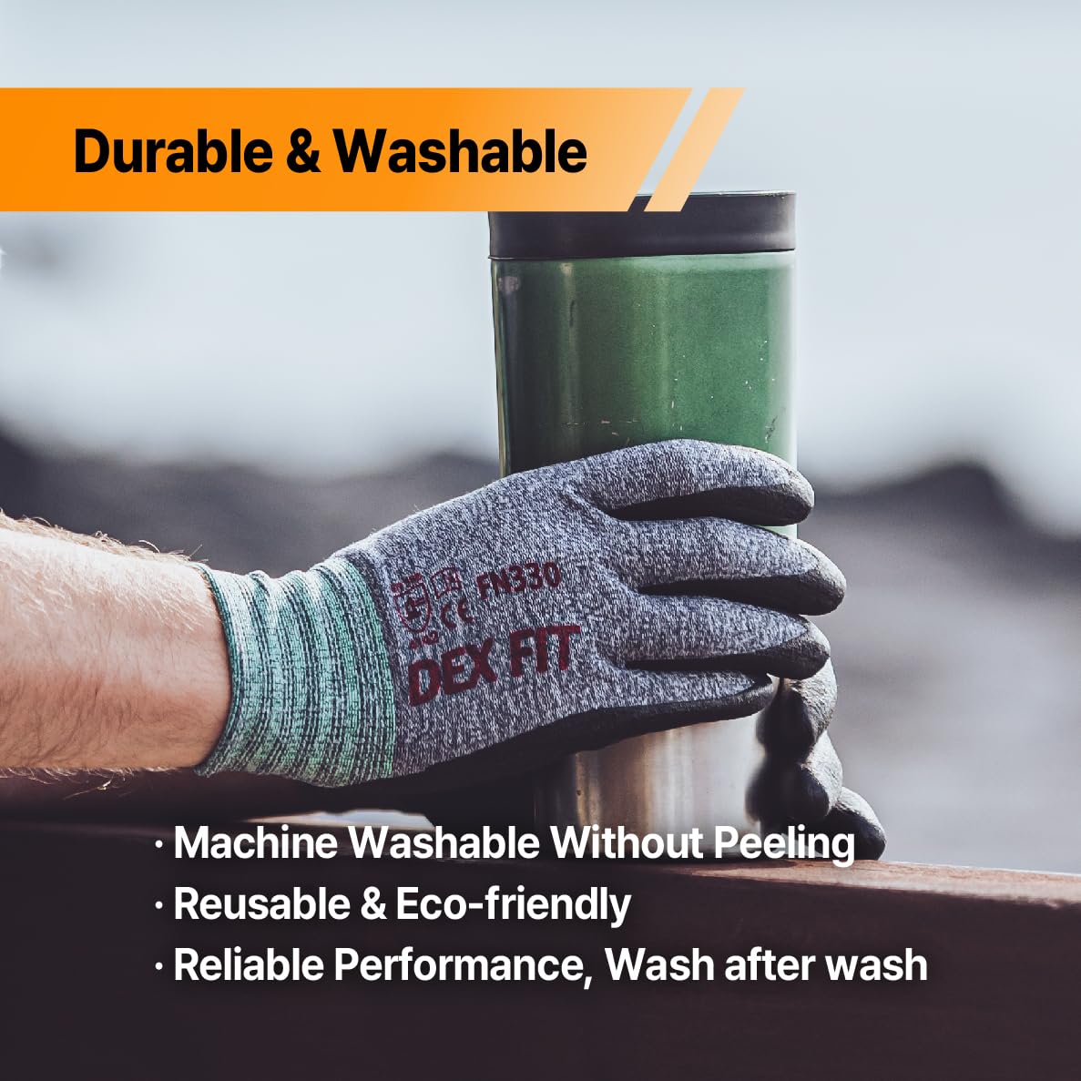 DEX FIT Nitrile Work Gloves FN330, 1 Pair, 3D-Comfort Stretchy Fit, Firm Grip, Thin & Lightweight, Touch-Screen Compatible, Durable, Breathable & Cool, Machine Washable; Black L (9)